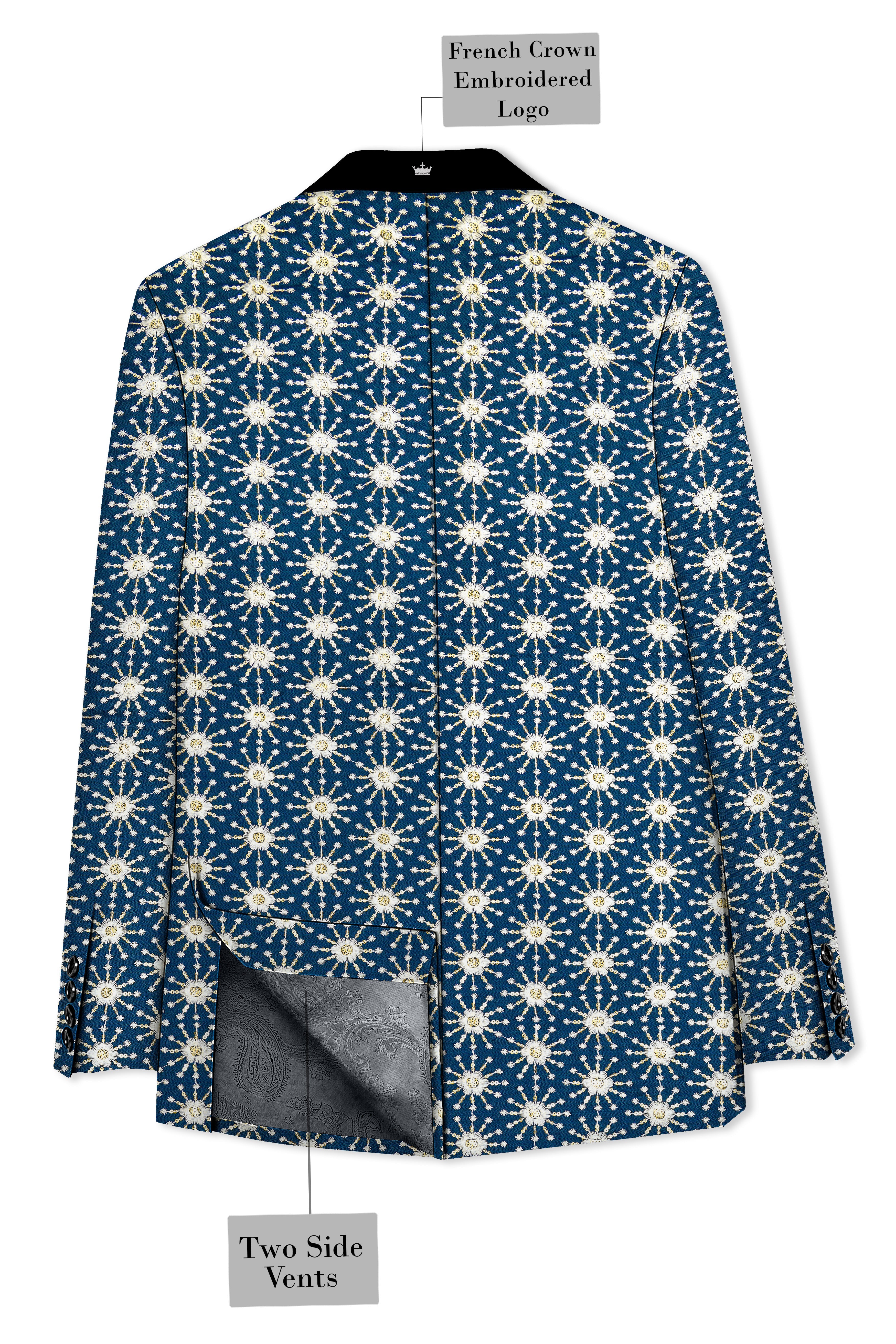 Bluviera-Sherpa Blue and Bright White Floral Embroidered with Sequin Work Viscose Designer Tuxedo Suit