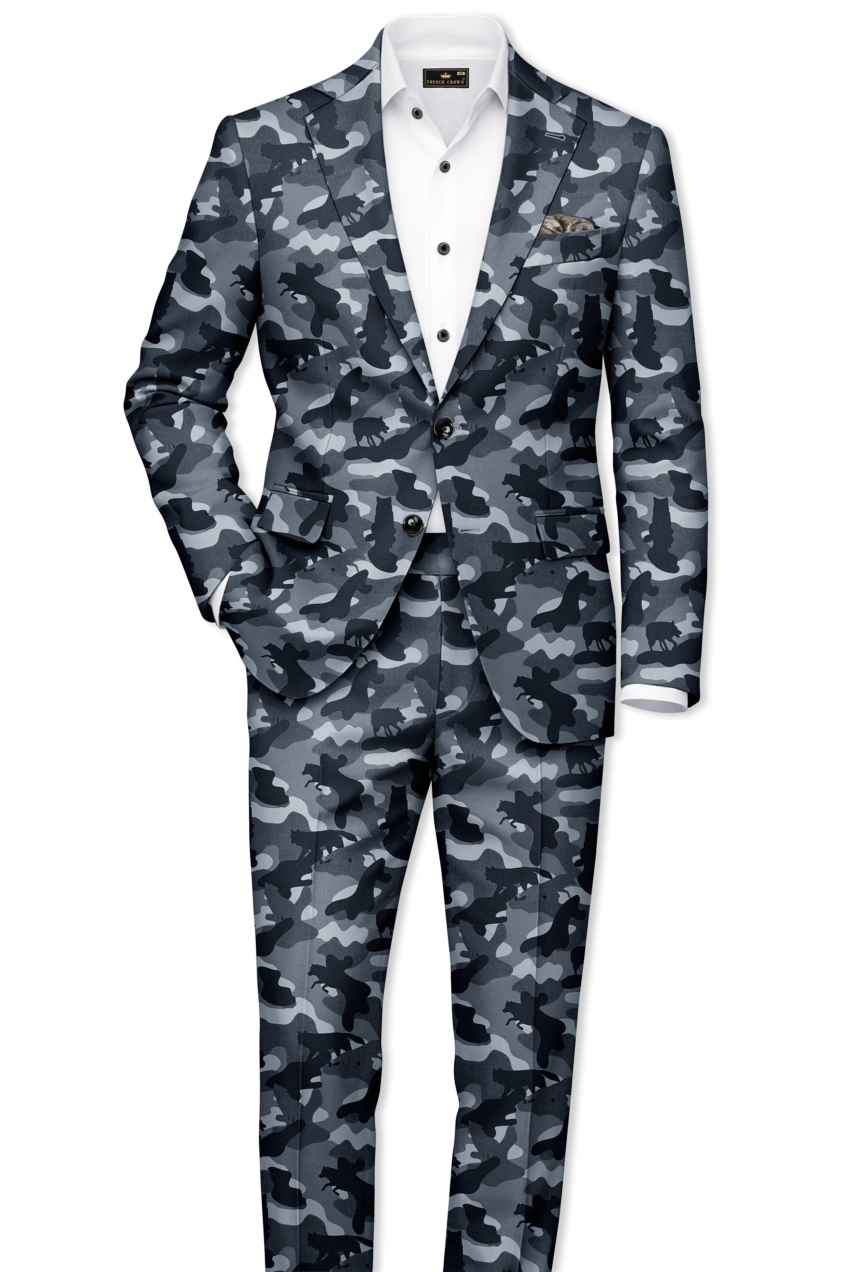 Obscaro-Carbon Gray And Cinder Black Camouflage Printed Cotton Single Breasted Suit