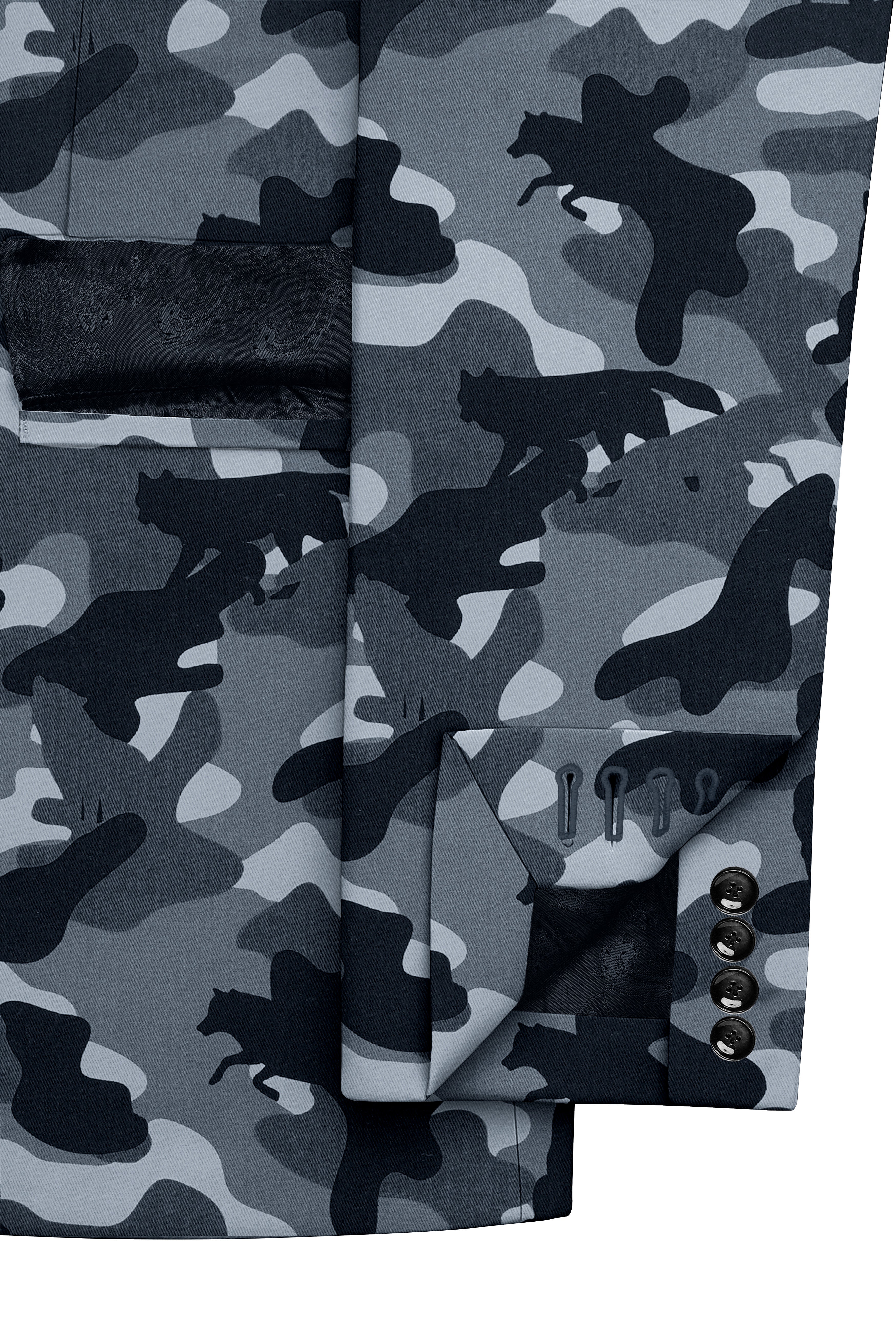 Obscaro-Carbon Gray And Cinder Black Camouflage Printed Cotton Single Breasted Suit