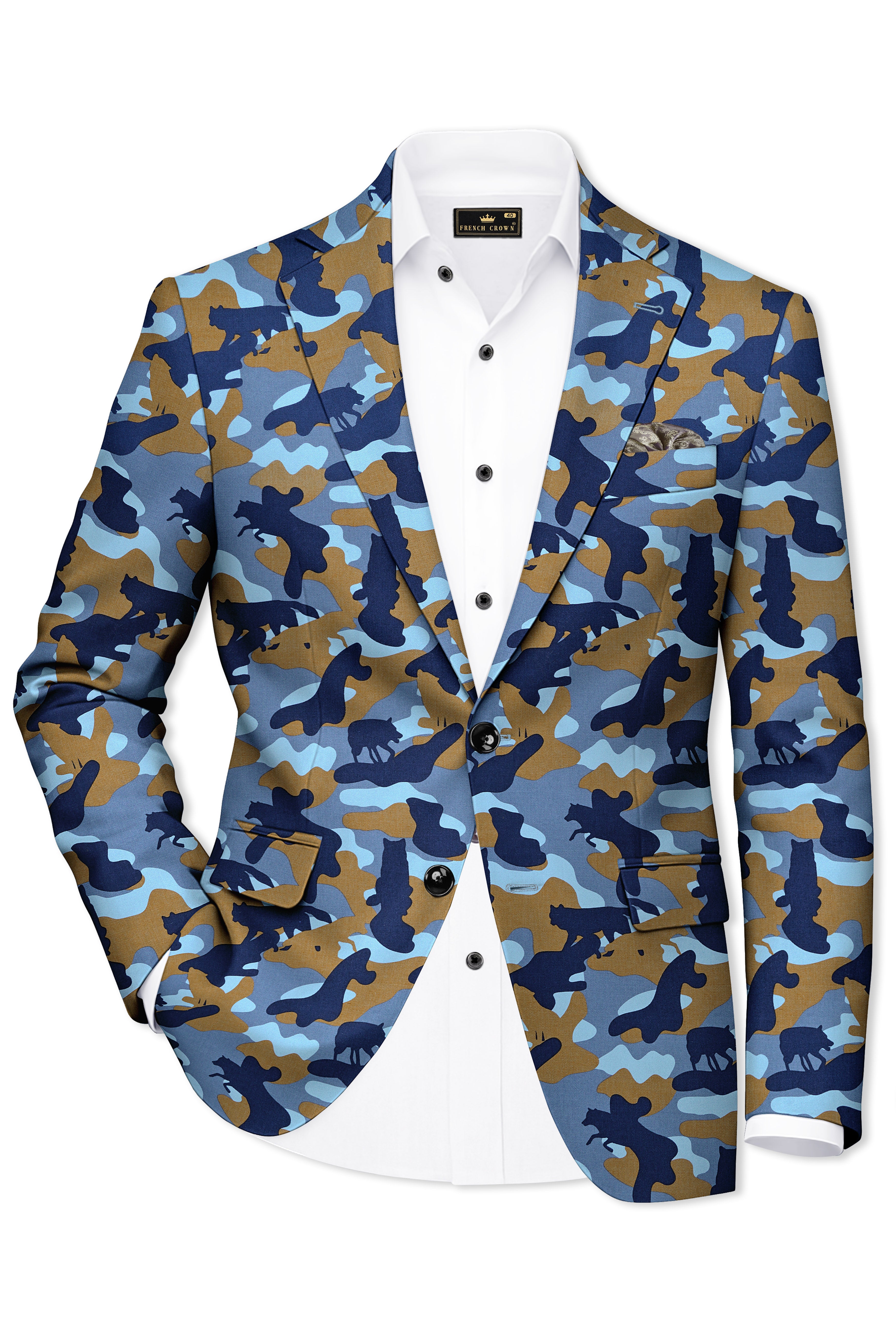 Bluvoro-Martinique Blue And Irish Brown Camouflage Printed Single Breasted Suit