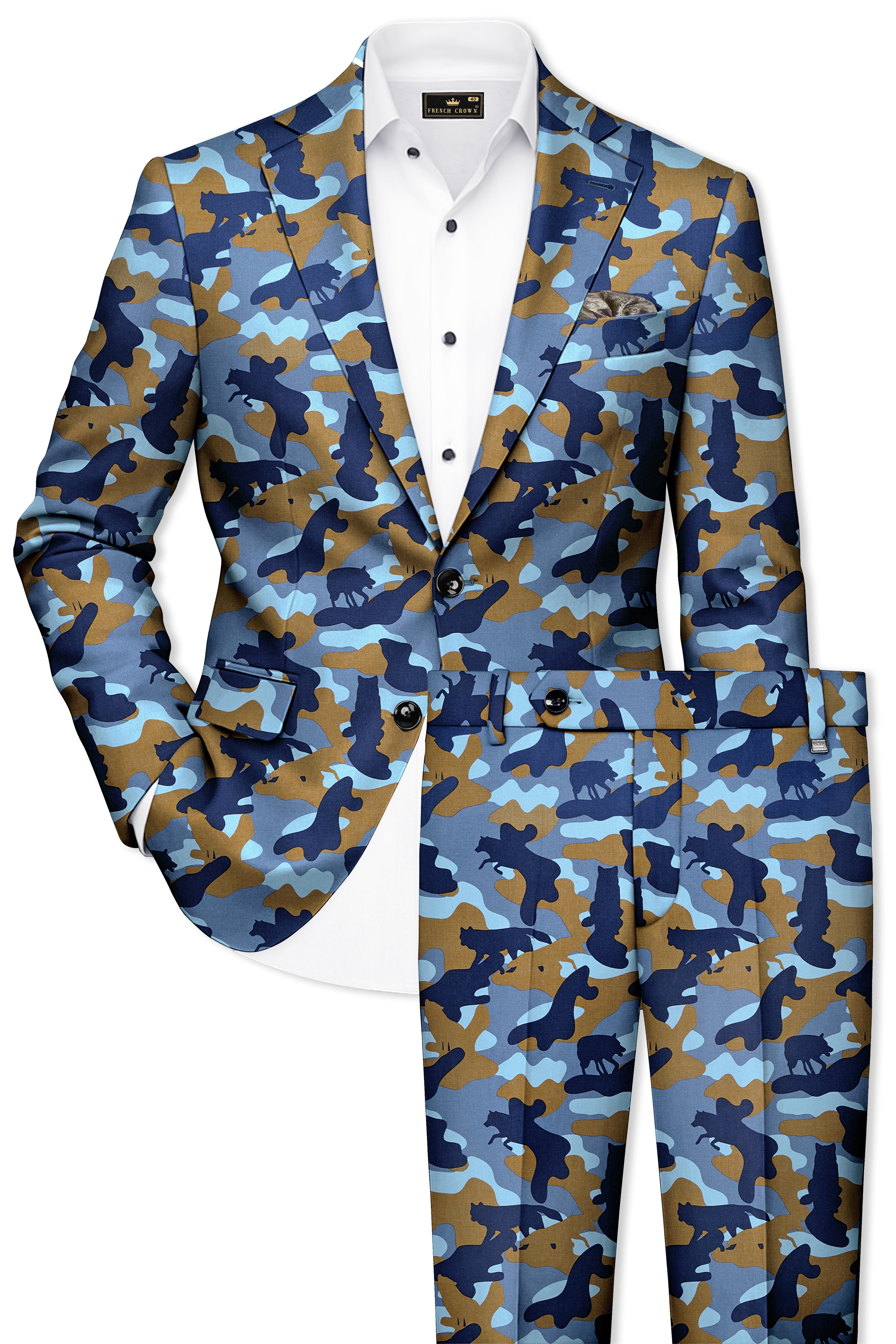 Bluvoro-Martinique Blue And Irish Brown Camouflage Printed Single Breasted Suit