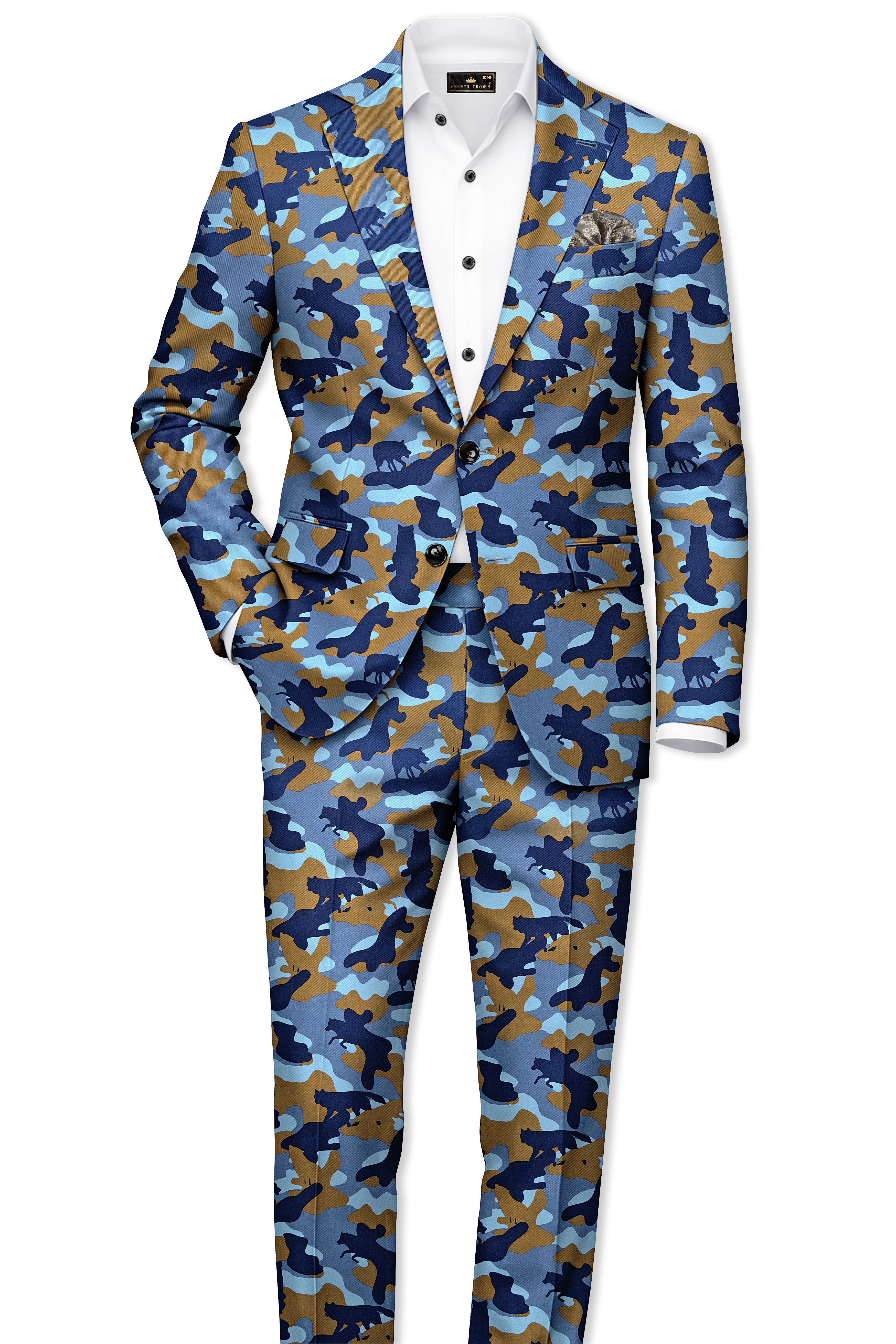 Bluvoro-Martinique Blue And Irish Brown Camouflage Printed Single Breasted Suit