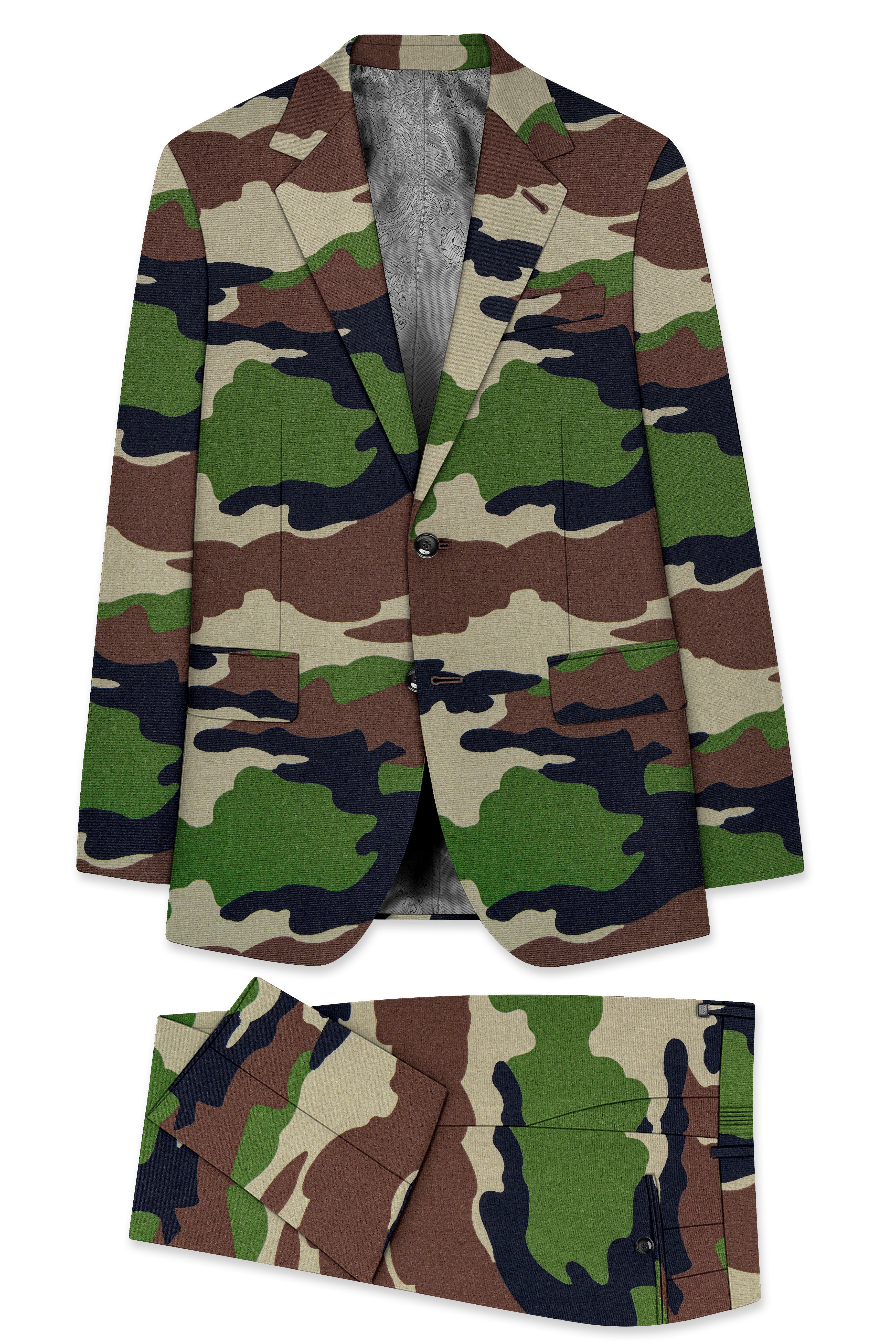 Aurever-Beaver Brown and Finch Green Camouflage Printed Premium Cotton Single Breasted Suit