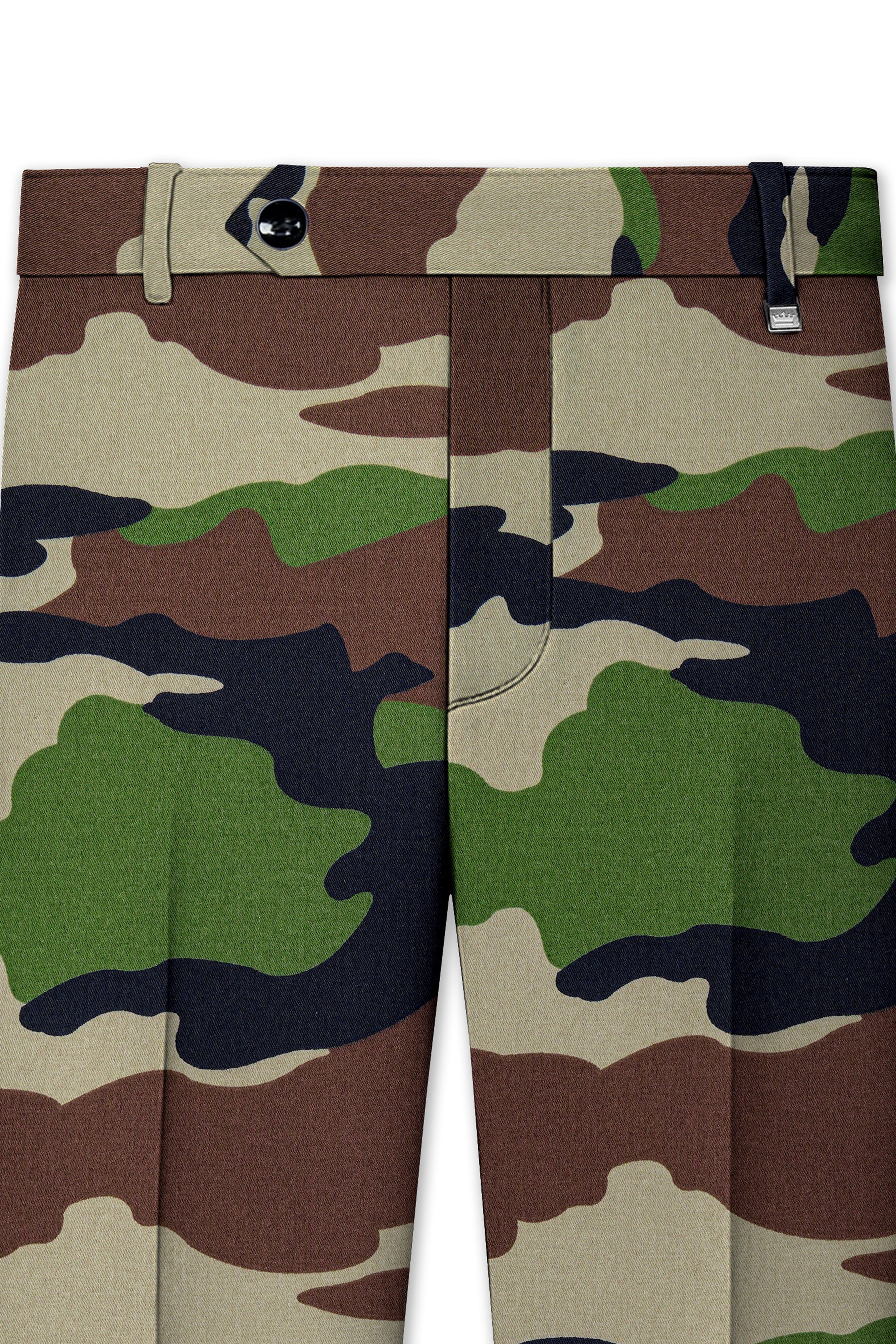 Aurever-Beaver Brown and Finch Green Camouflage Printed Premium Cotton Single Breasted Suit