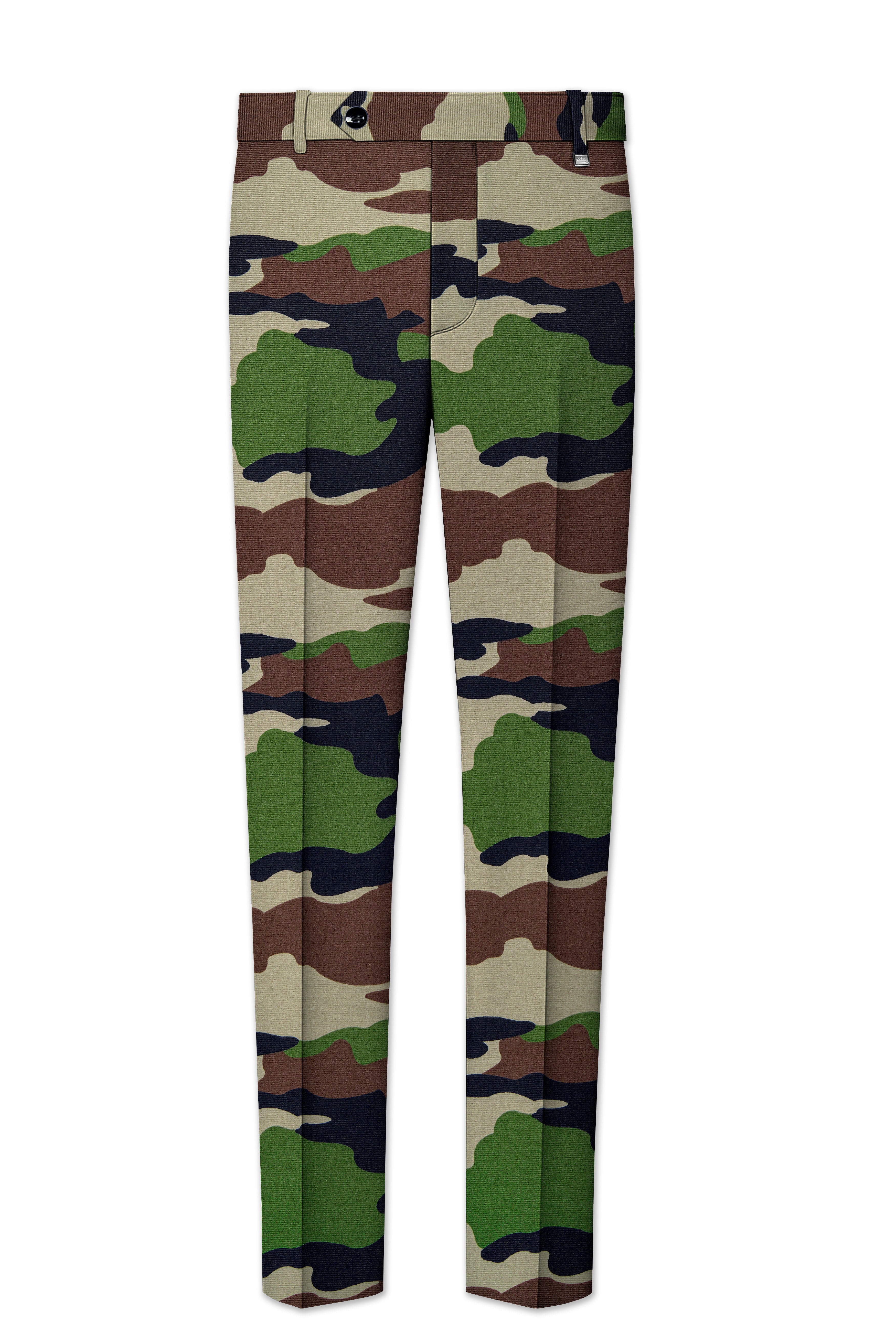 Aurever-Beaver Brown and Finch Green Camouflage Printed Premium Cotton Single Breasted Suit