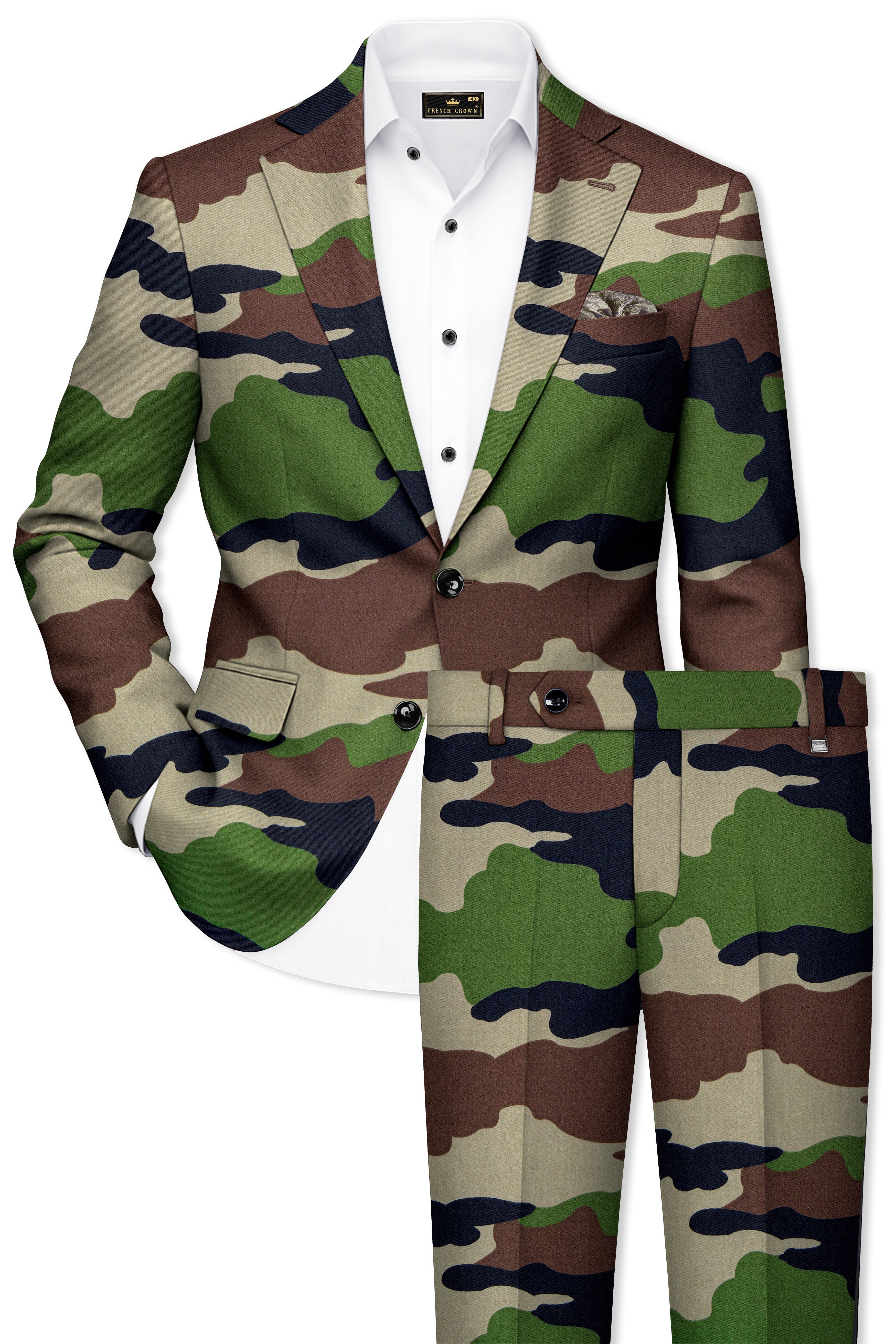 Aurever-Beaver Brown and Finch Green Camouflage Printed Premium Cotton Single Breasted Suit