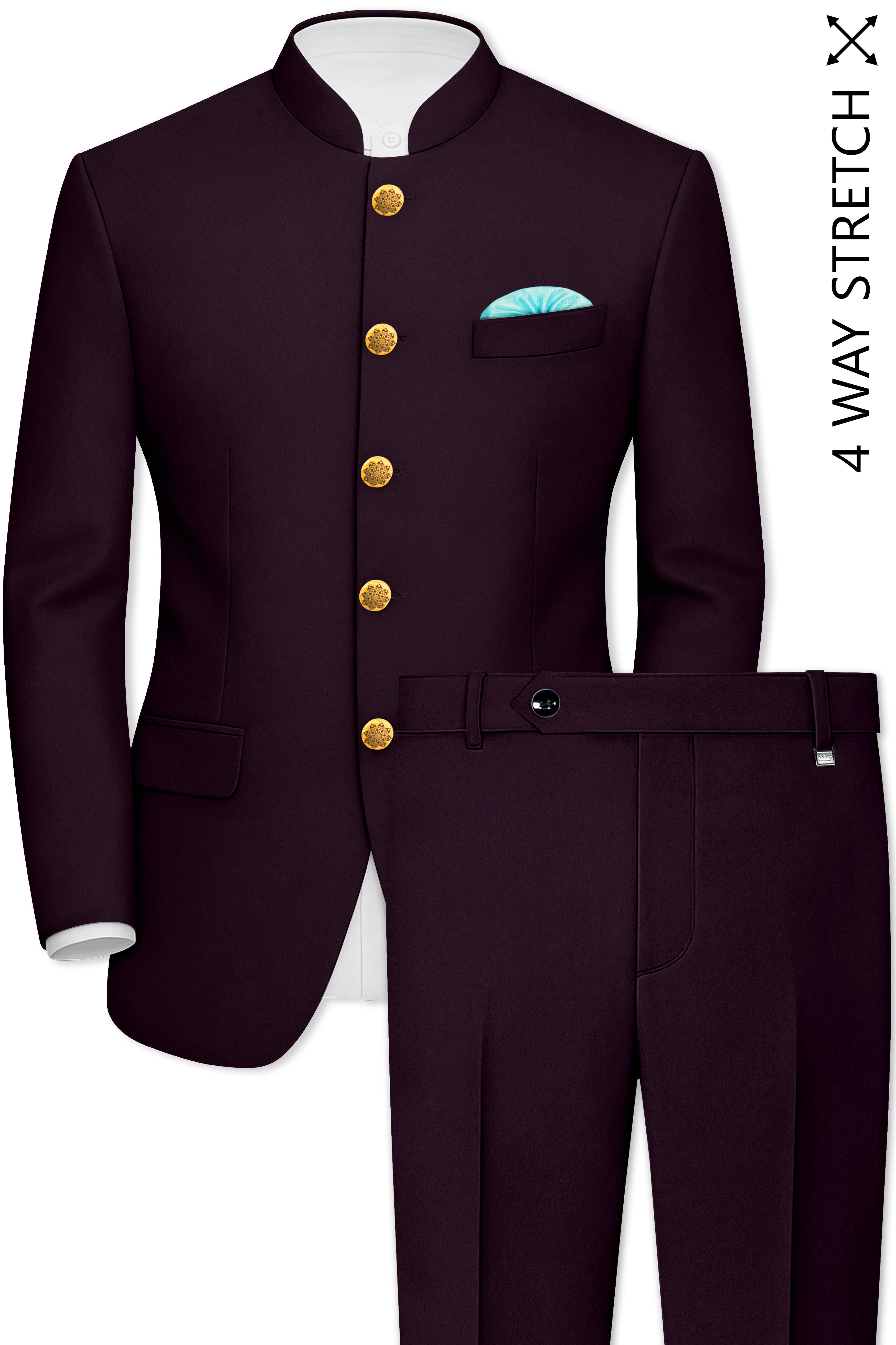 Marenzo-Korean Seal Maroon 4-Way Stretch Wool Rich Bandhgala Suit