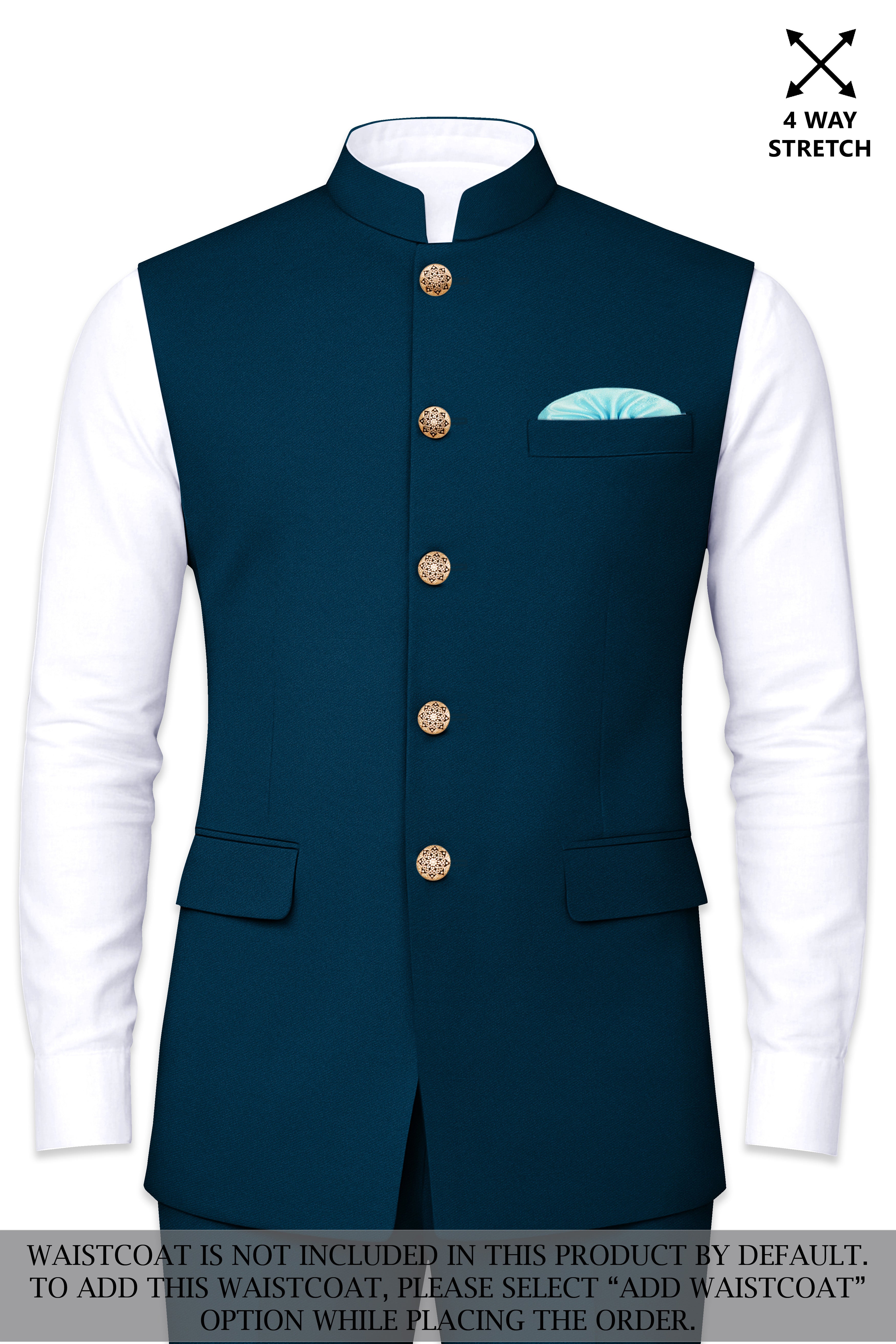 Aureblu-Korean Prussian Blue 4-Way Stretch Wool Rich Bandhgala Suit