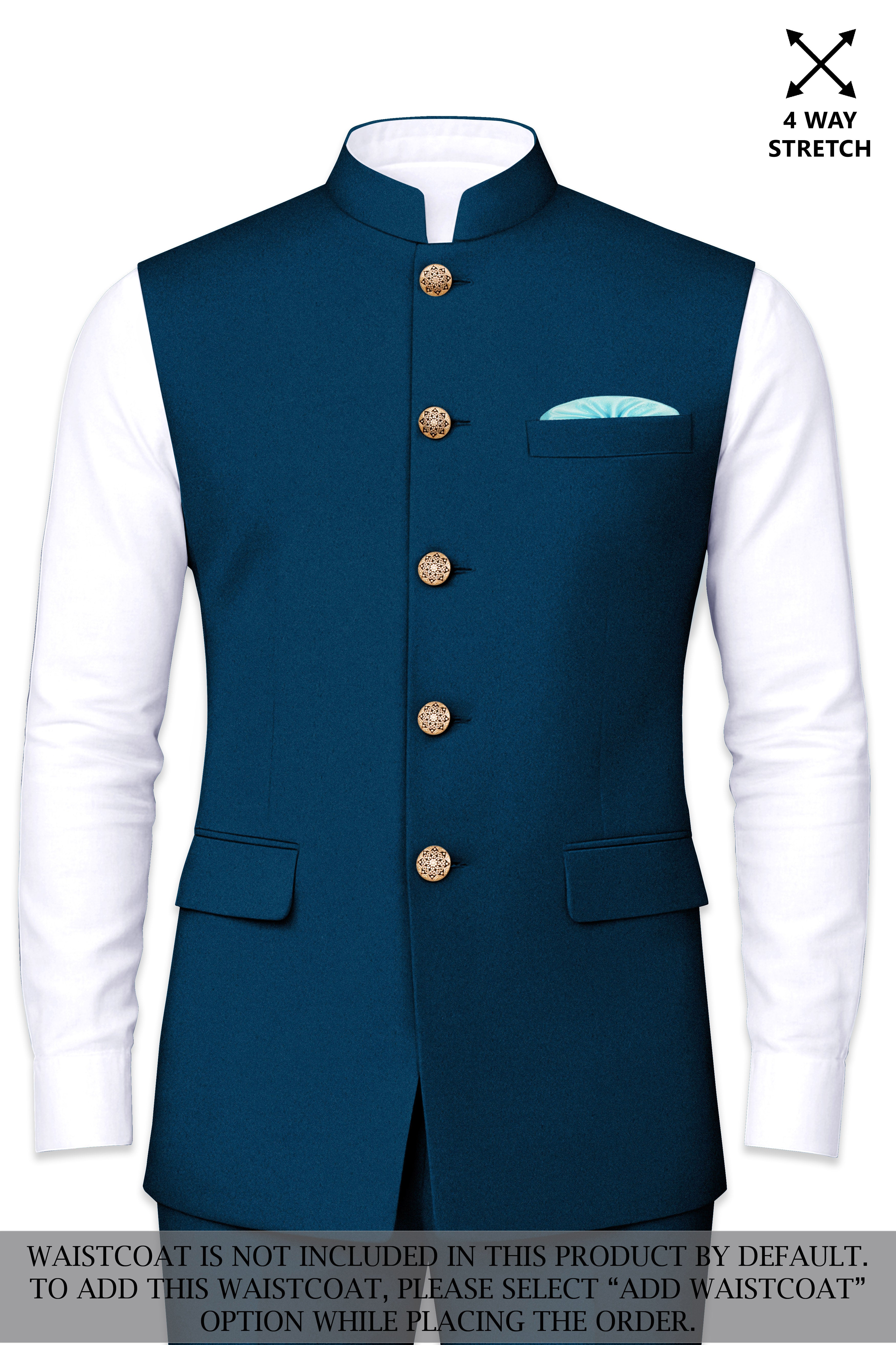 Aureblu-Korean Prussian Blue 4-Way Stretch Wool Rich Bandhgala Suit