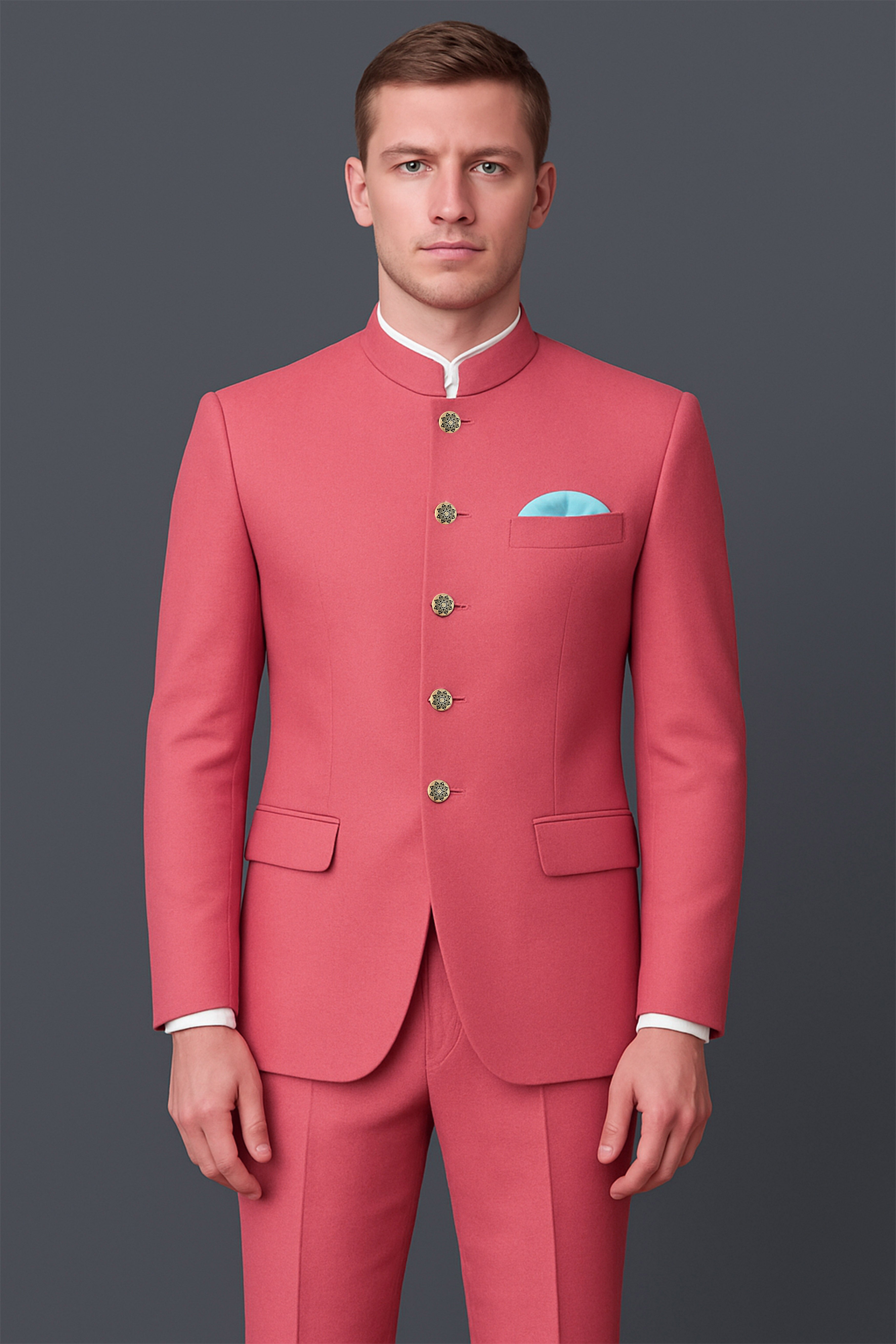Aurerosa-Roman Pink Wool Rich Bandhgala Slight Stretch Suit