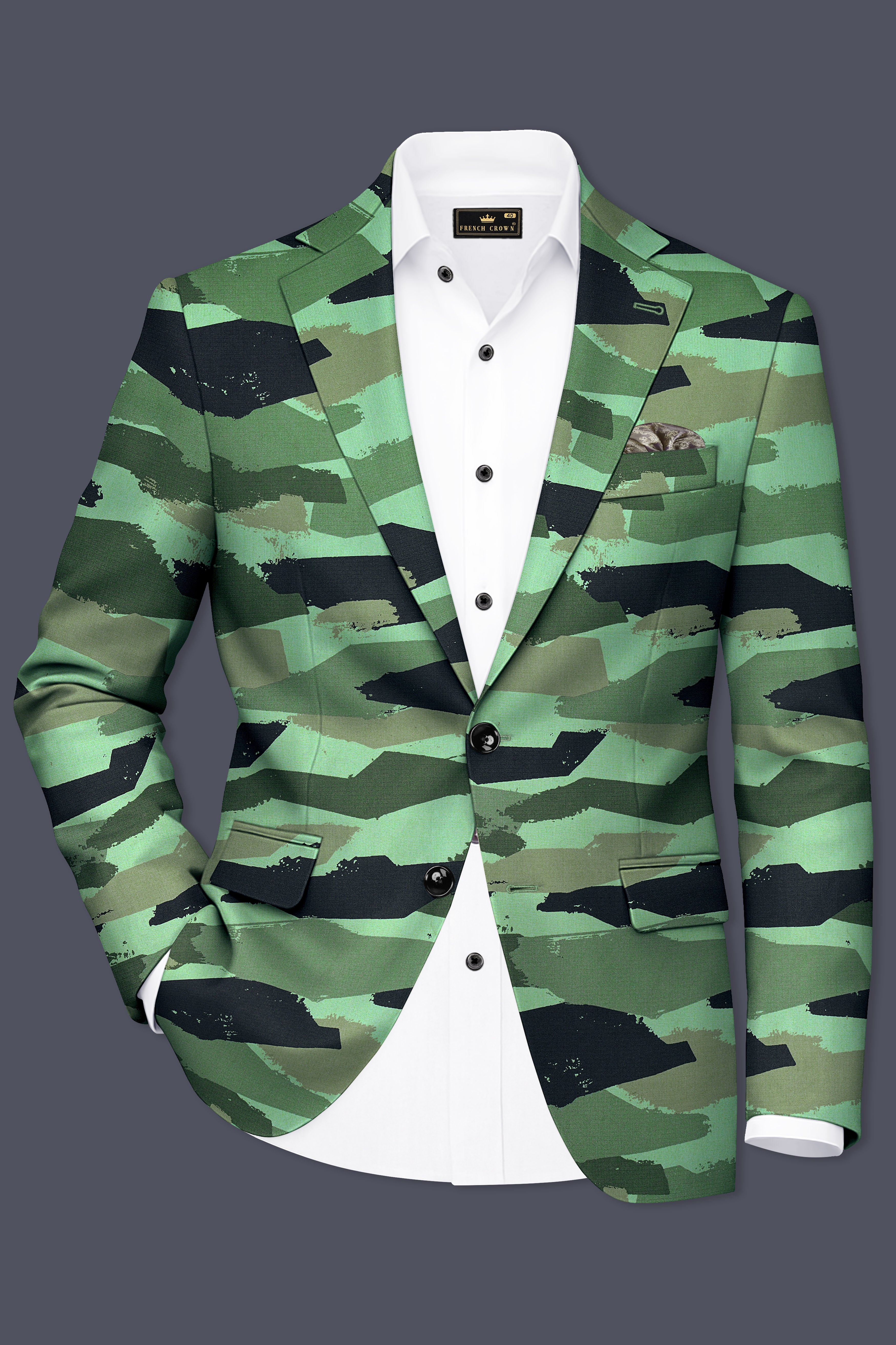 Verdvoro-Pale Green And Firefly Blue Camouflage Printed Premium Cotton Single Breasted Suit