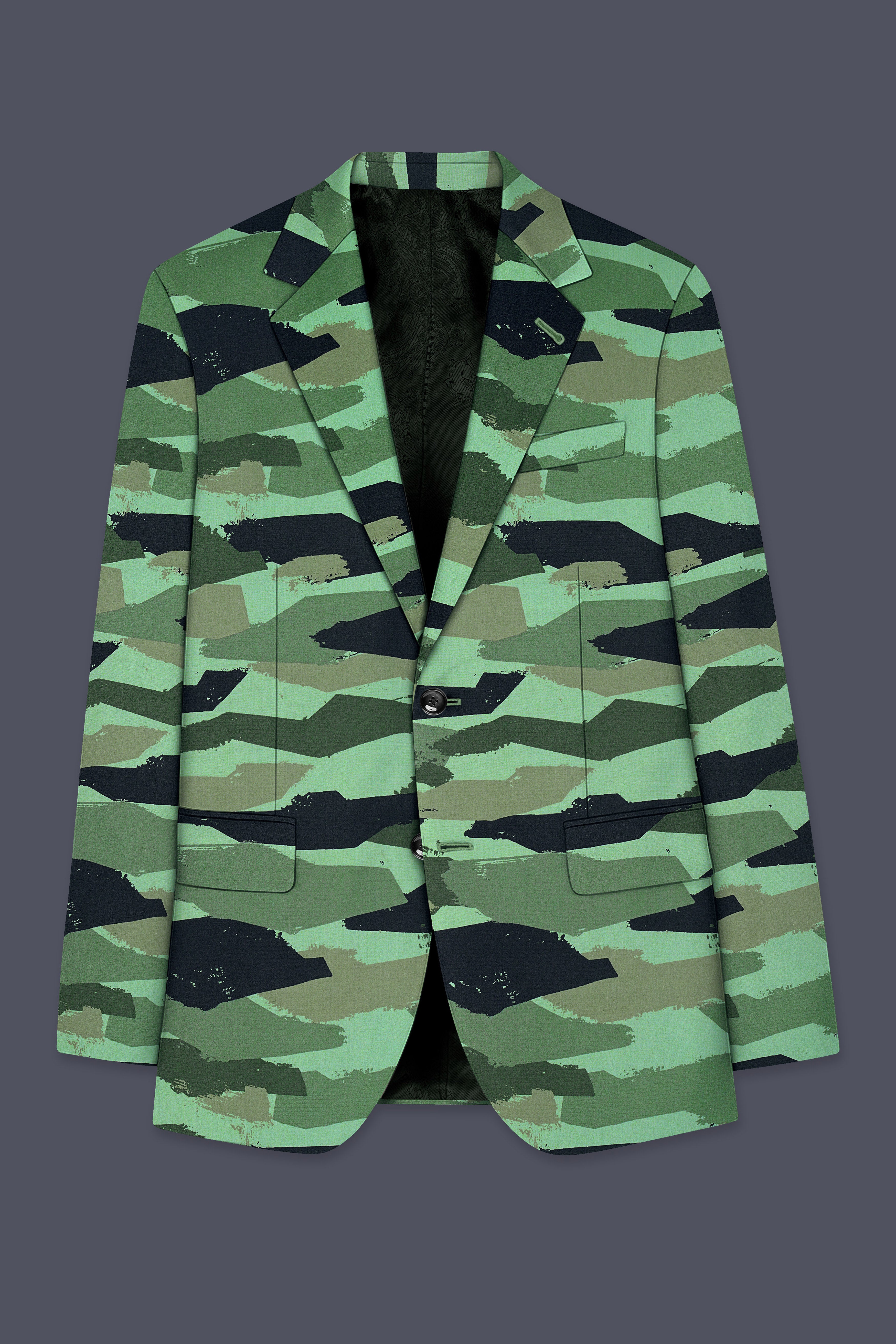 Verdvoro-Pale Green And Firefly Blue Camouflage Printed Premium Cotton Single Breasted Suit