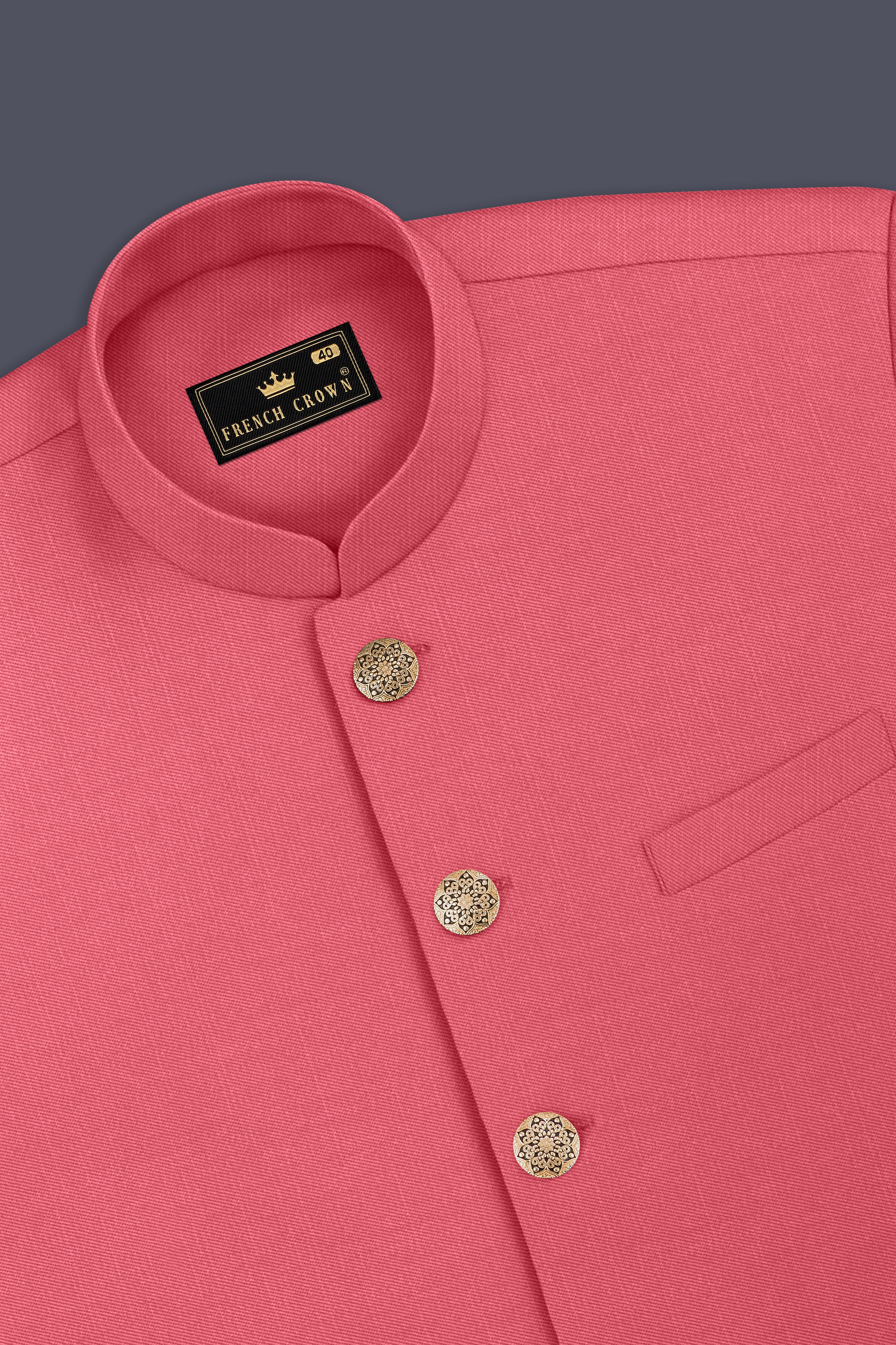 Aurerosa-Roman Pink Wool Rich Cross Placket Bandhgala Slight Stretch Suit