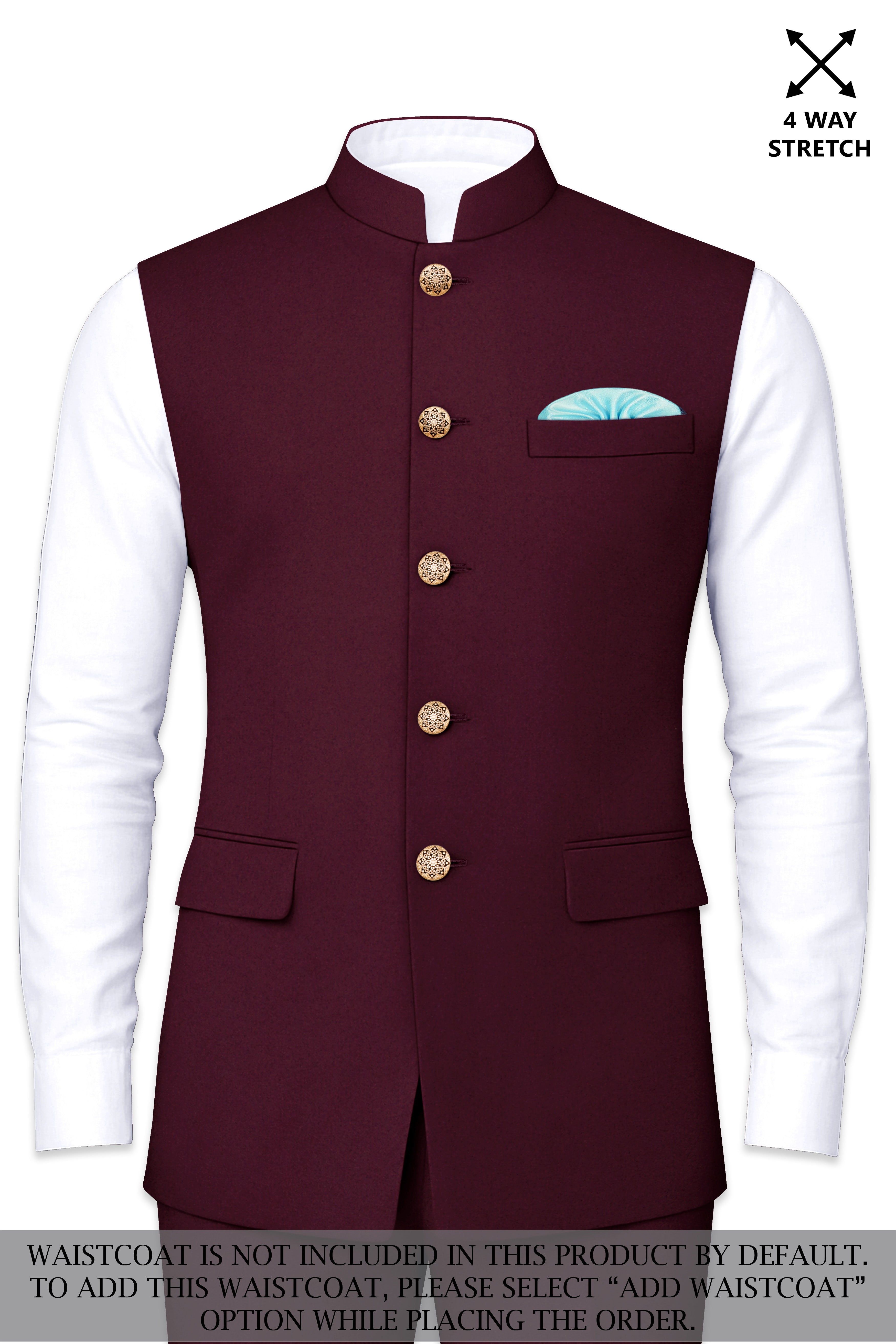 Flexmaro-Korean Crater Maroon 4-Way Stretch Wool Rich Cross Placket Bandhgala Suit