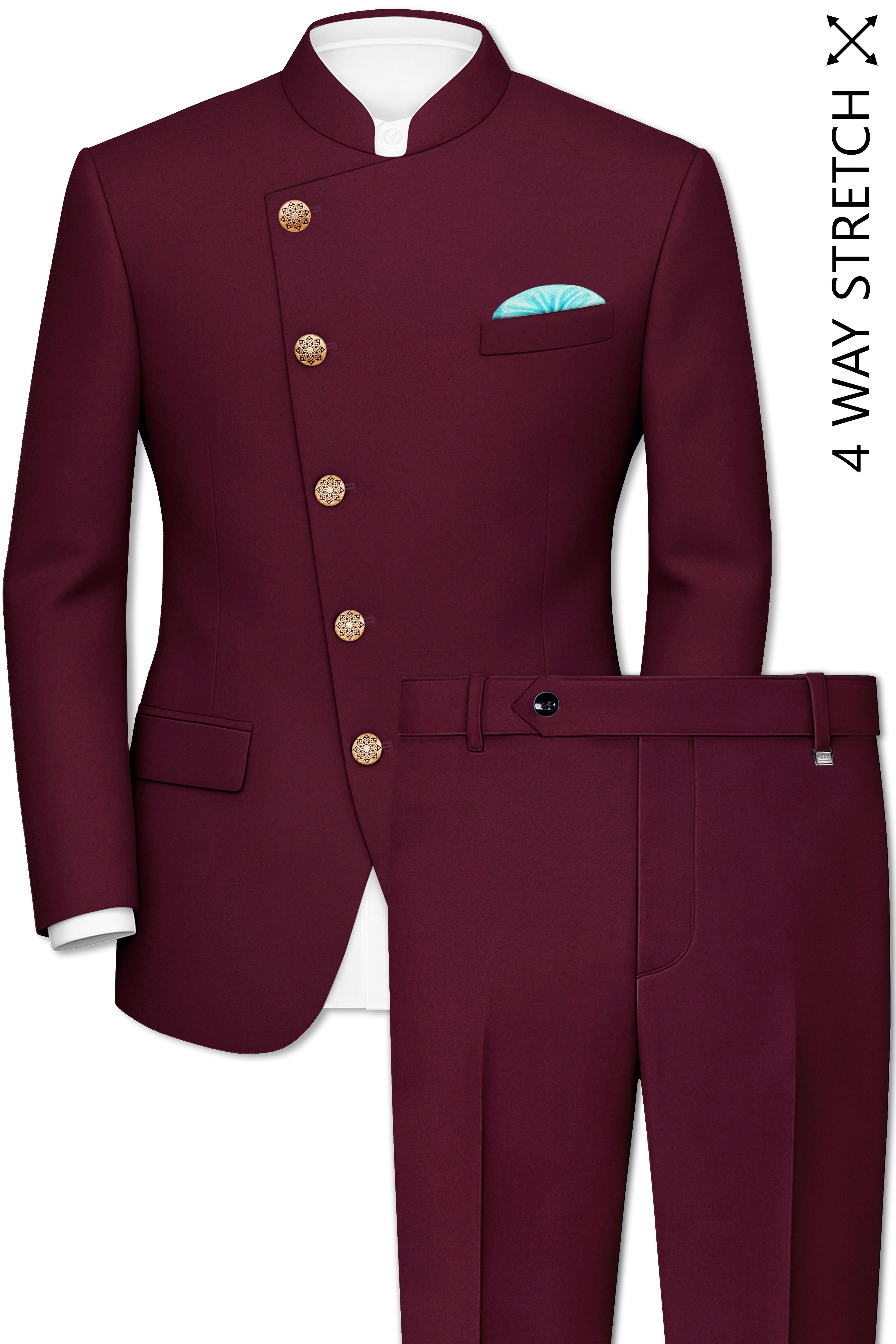 Flexmaro-Korean Crater Maroon 4-Way Stretch Wool Rich Cross Placket Bandhgala Suit