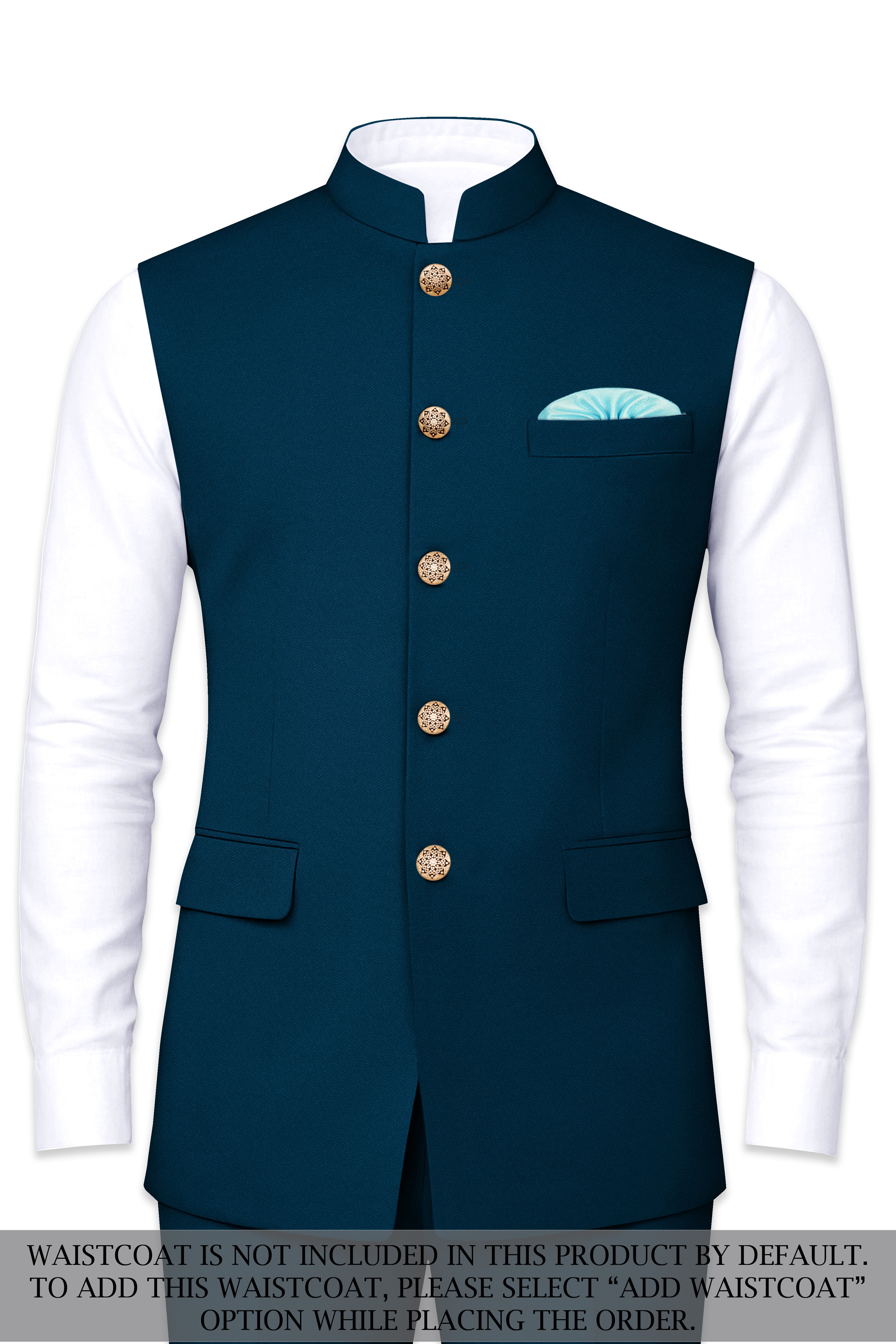 Aureblu-Korean Prussian Blue 4-Way Stretch Wool Rich Cross Placket Bandhgala Suit