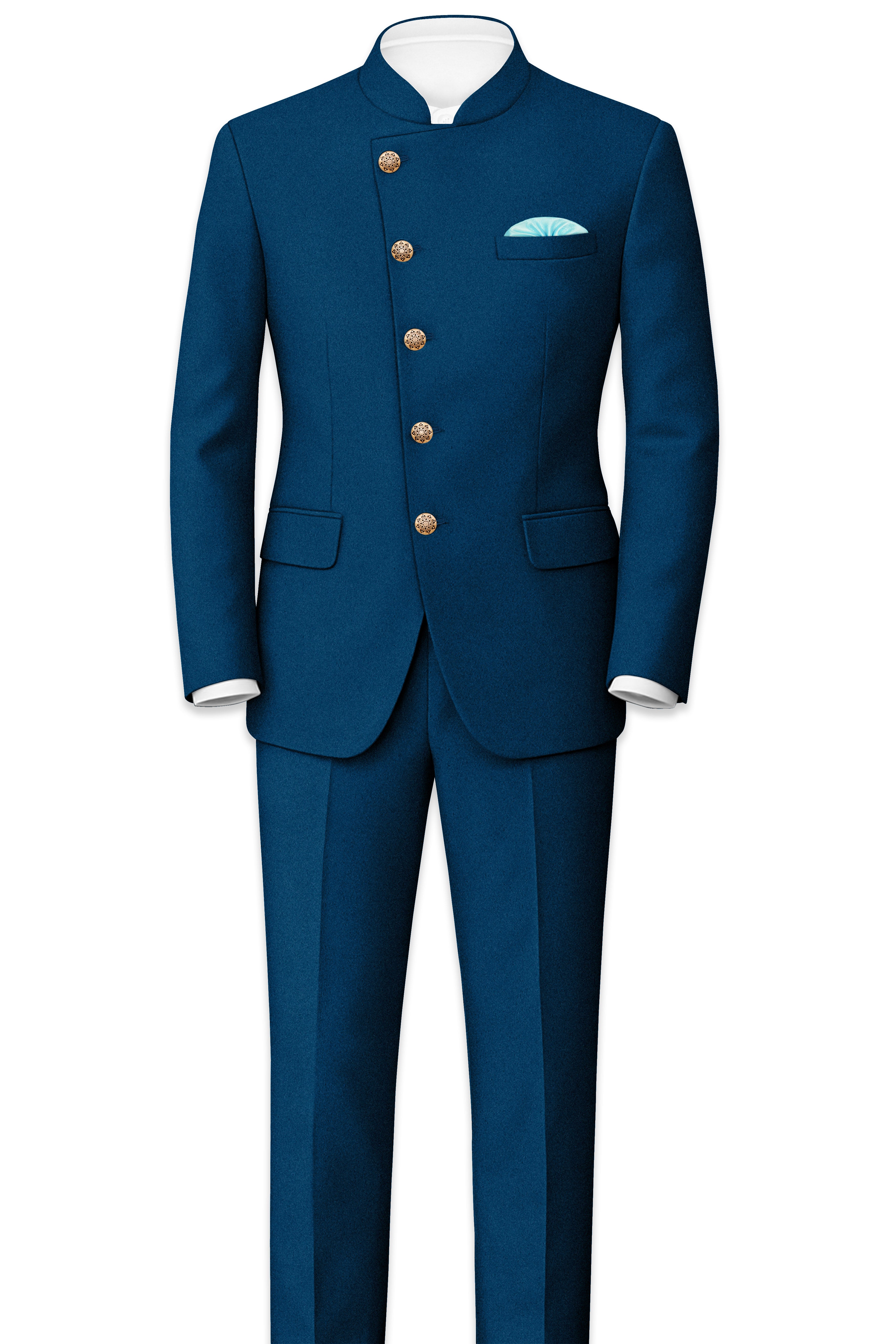 Aureblu-Korean Prussian Blue 4-Way Stretch Wrinkle-Free Wool Rich Cross Placket Bandhgala Suit