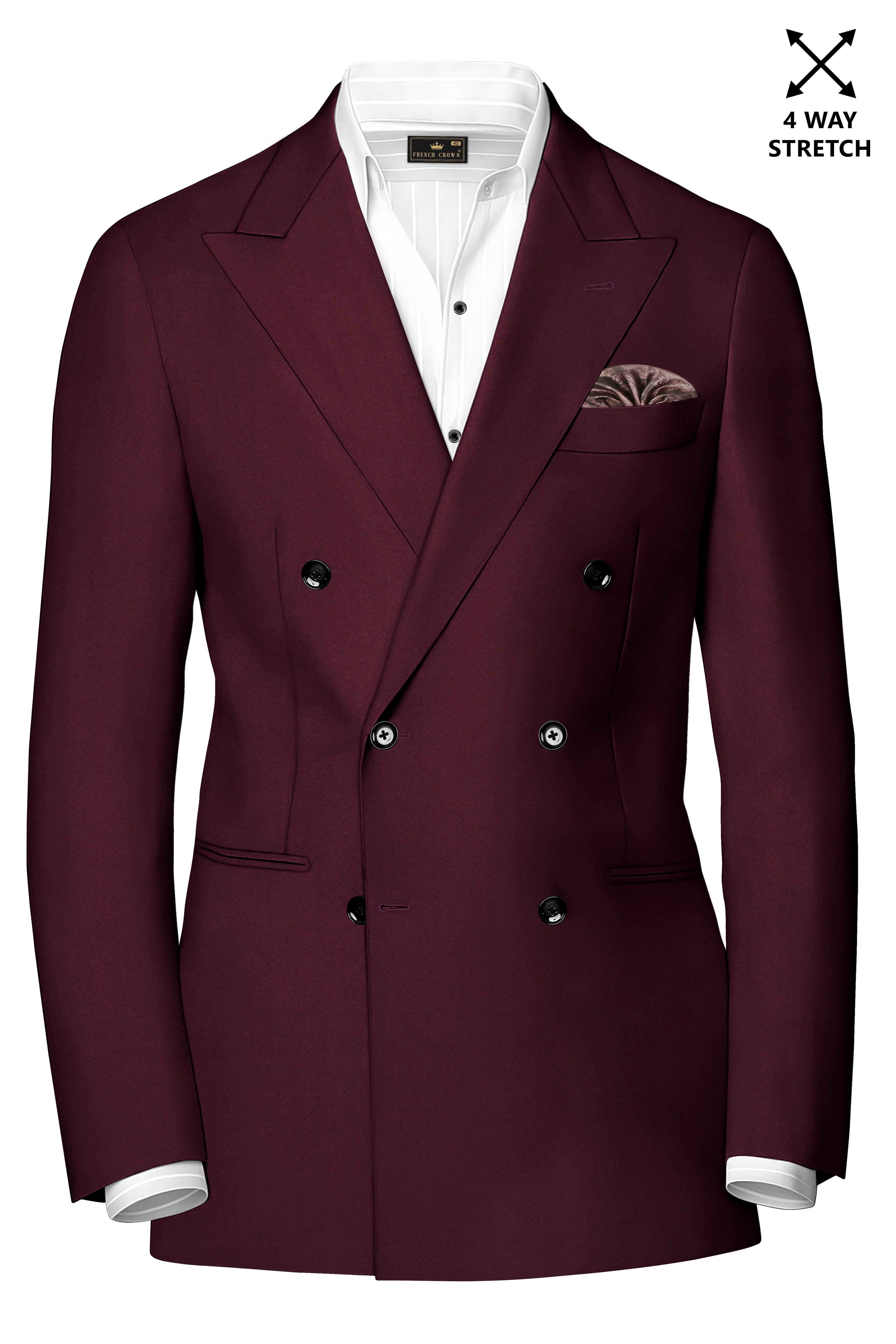 Flexmaro-Korean Crater Maroon 4-Way Stretch Wrinkle-Free Wool Rich Double Breasted Suit