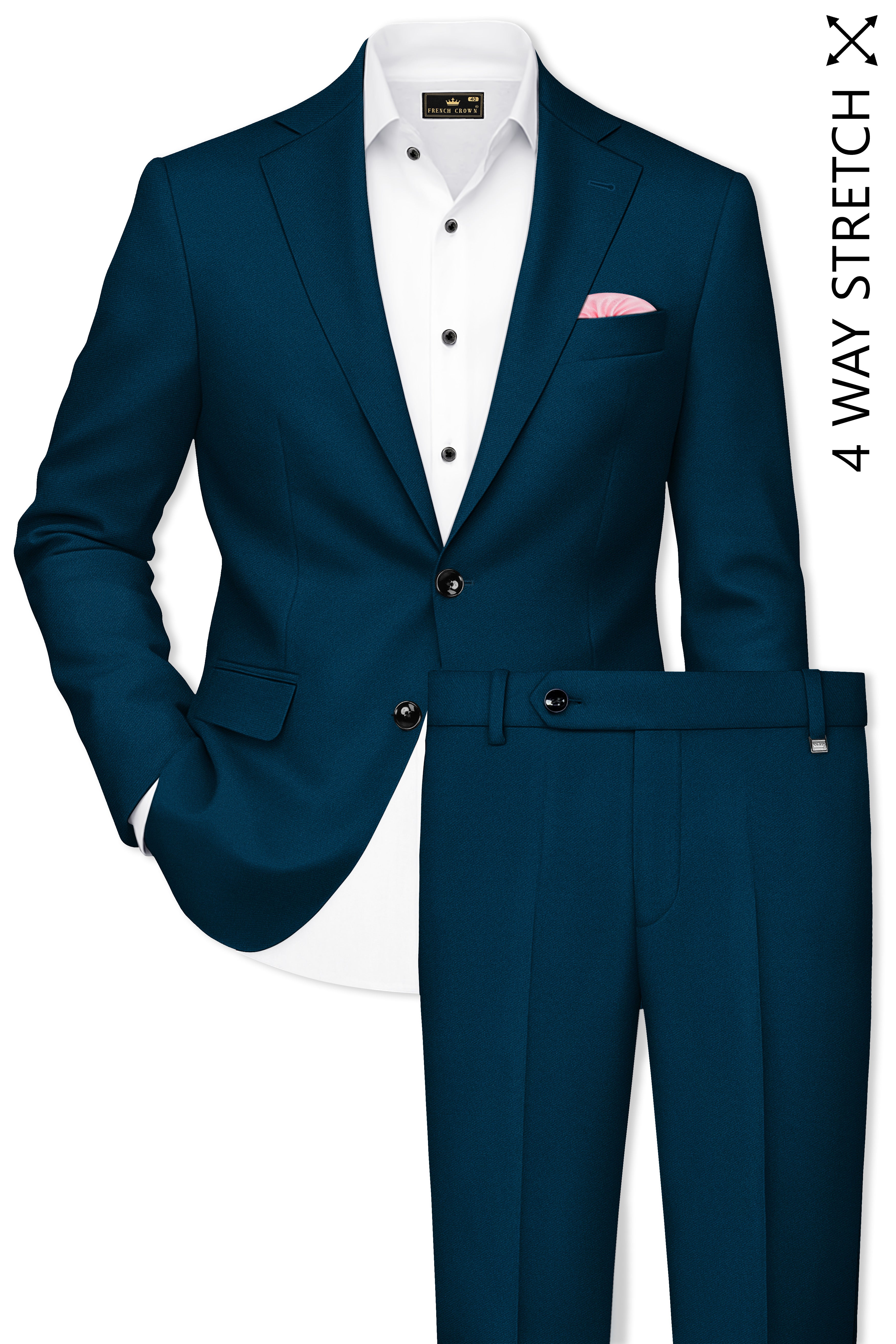 Aureblu-Korean Prussian Blue 4-Way Stretch Wool Rich Single Breasted Suit