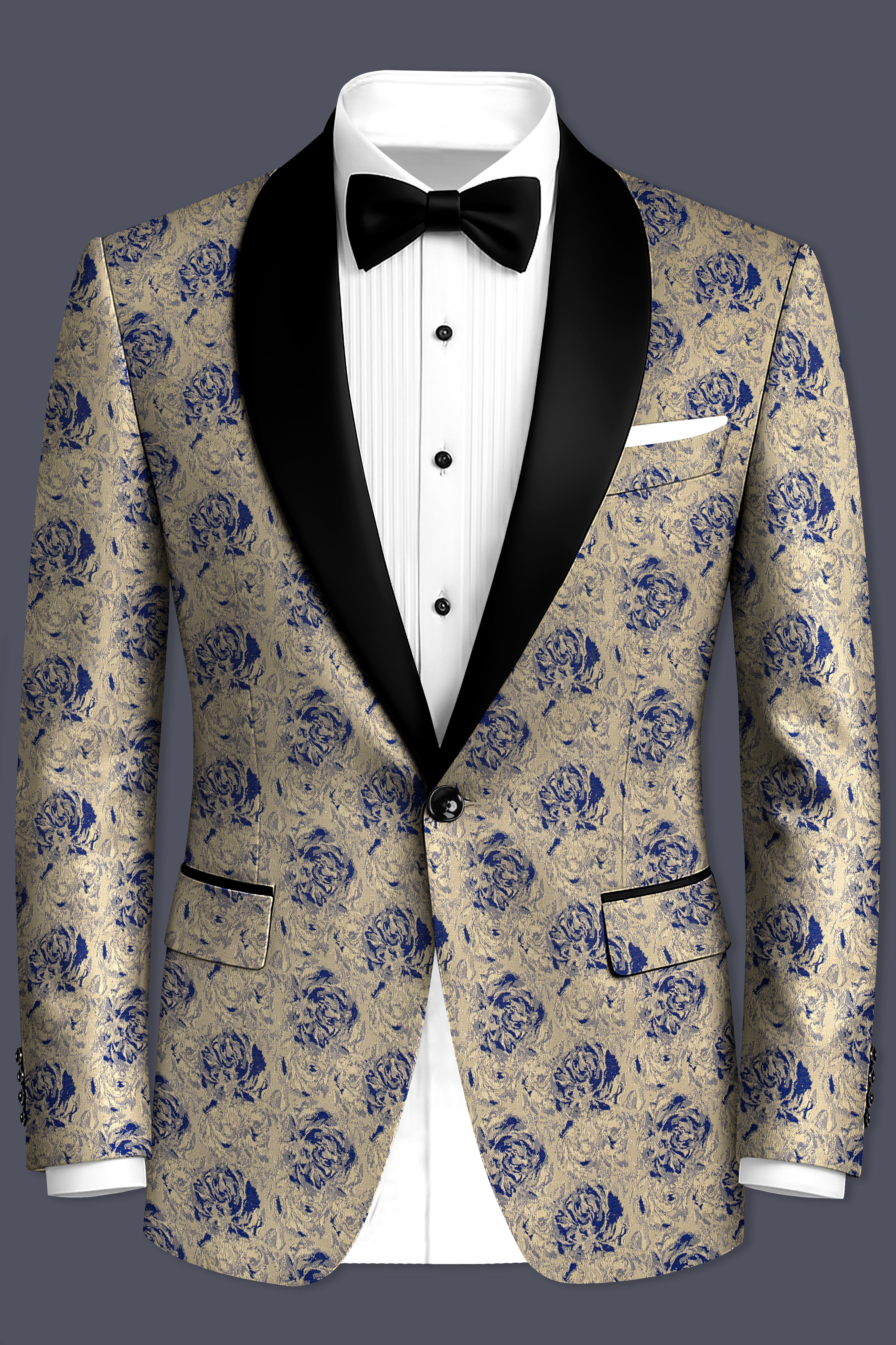 Jacqoro-Gravel Blue and Golden Jacquard Textured Tuxedo Suit