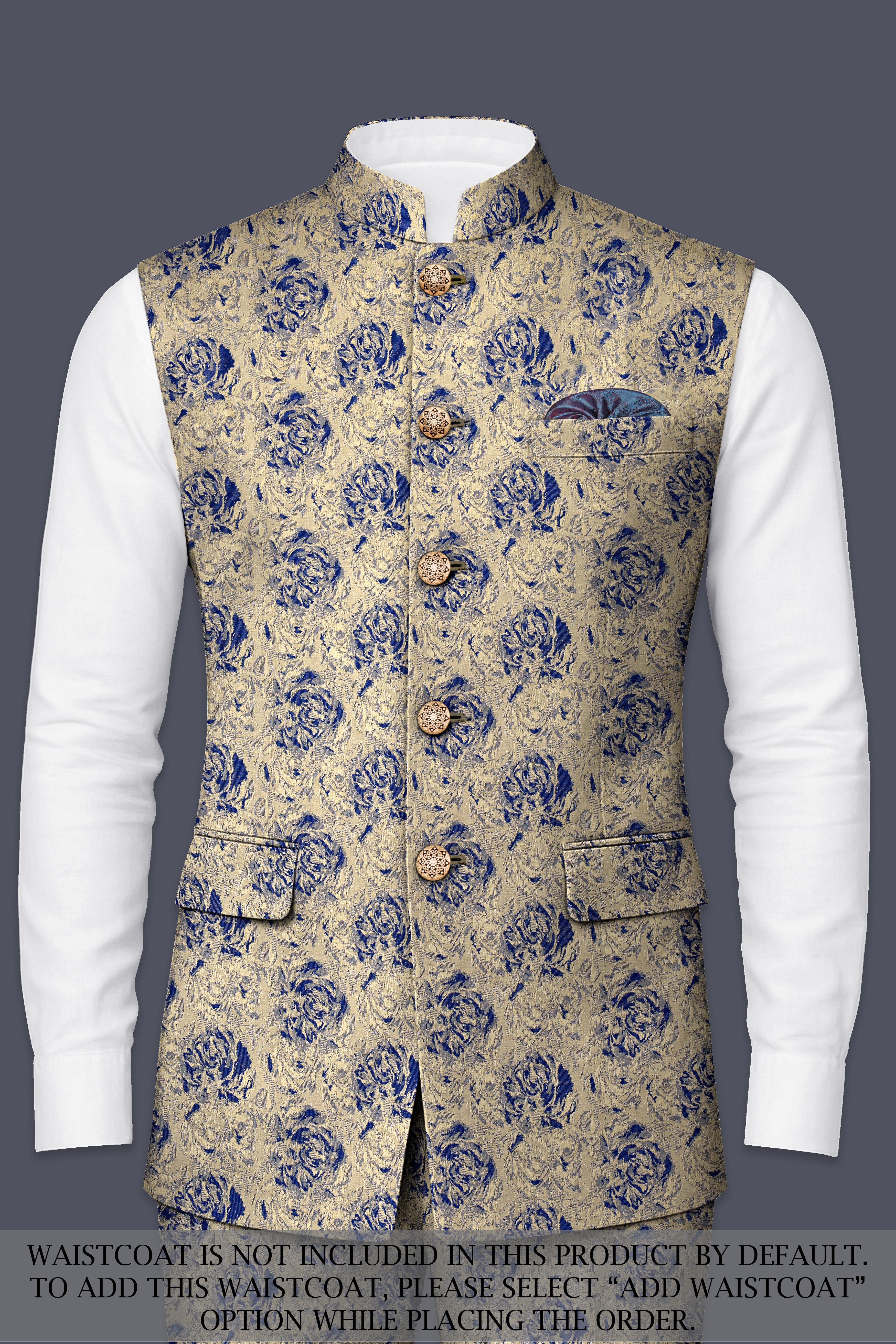 Jacqoro-Gravel Blue and Golden Jacquard Textured Tuxedo Suit