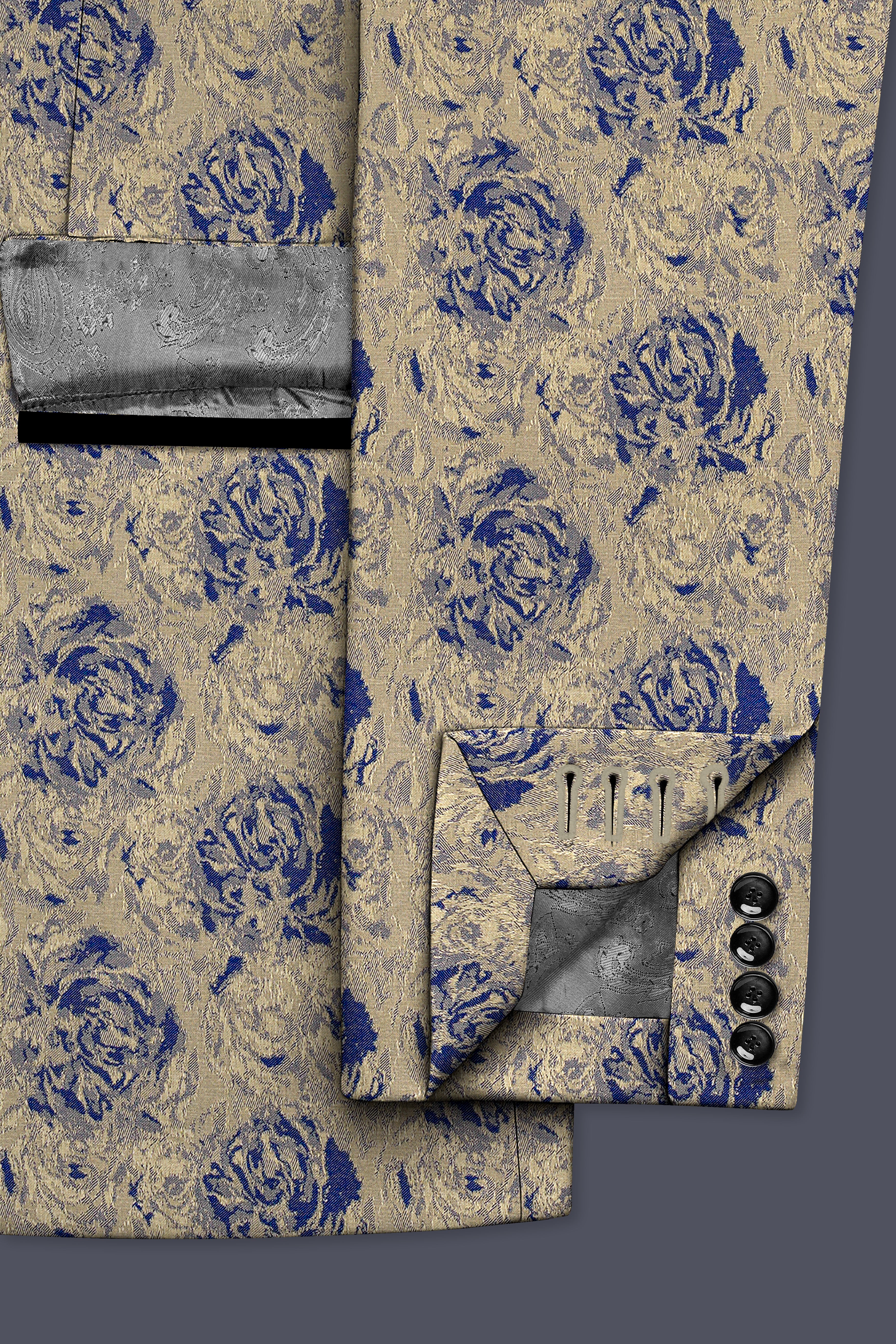 Jacqoro-Gravel Blue and Golden Jacquard Textured Tuxedo Suit