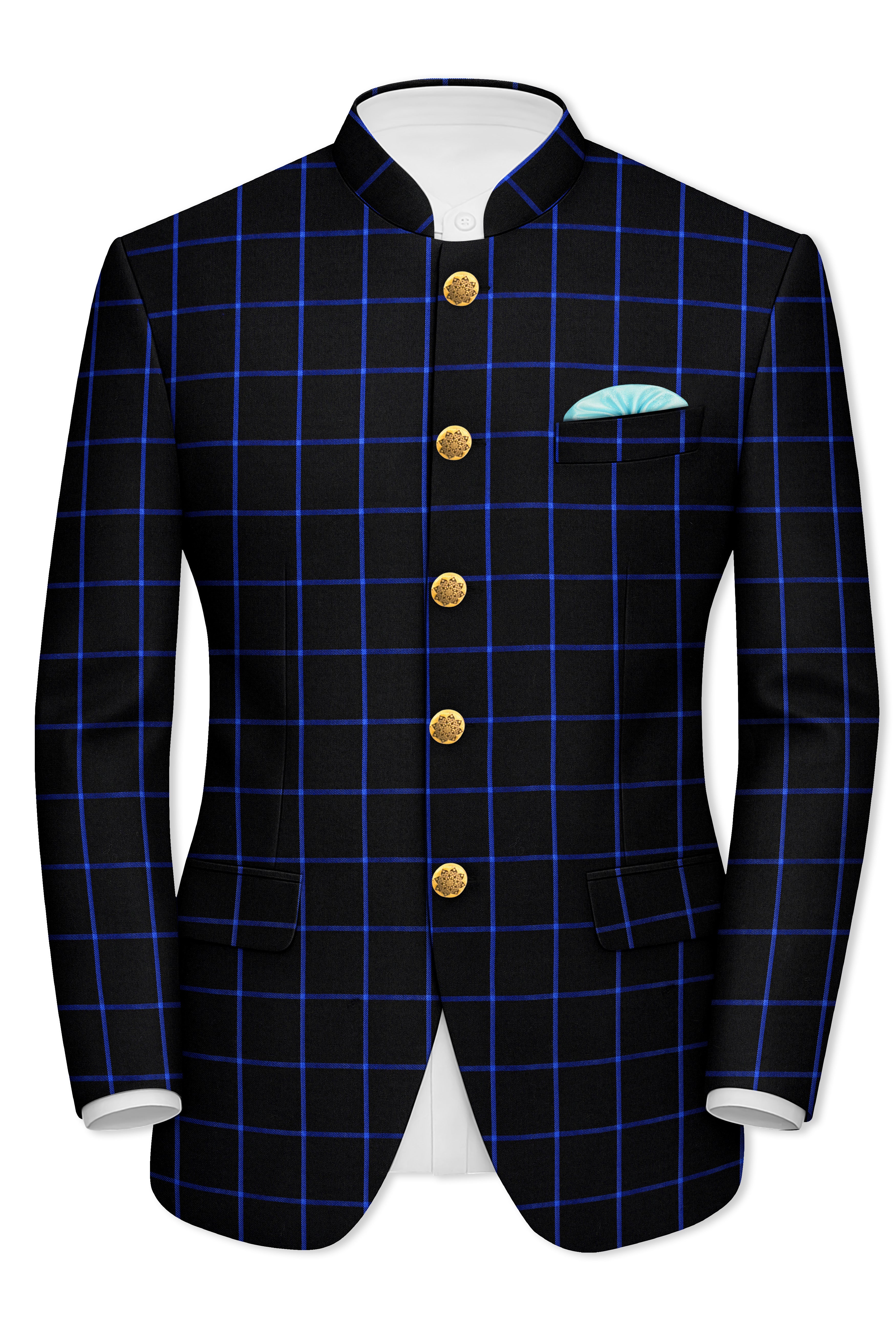 Panevoro-Jade Black With Cerulean Blue Windowpane Wool Rich Bandhgala Suit
