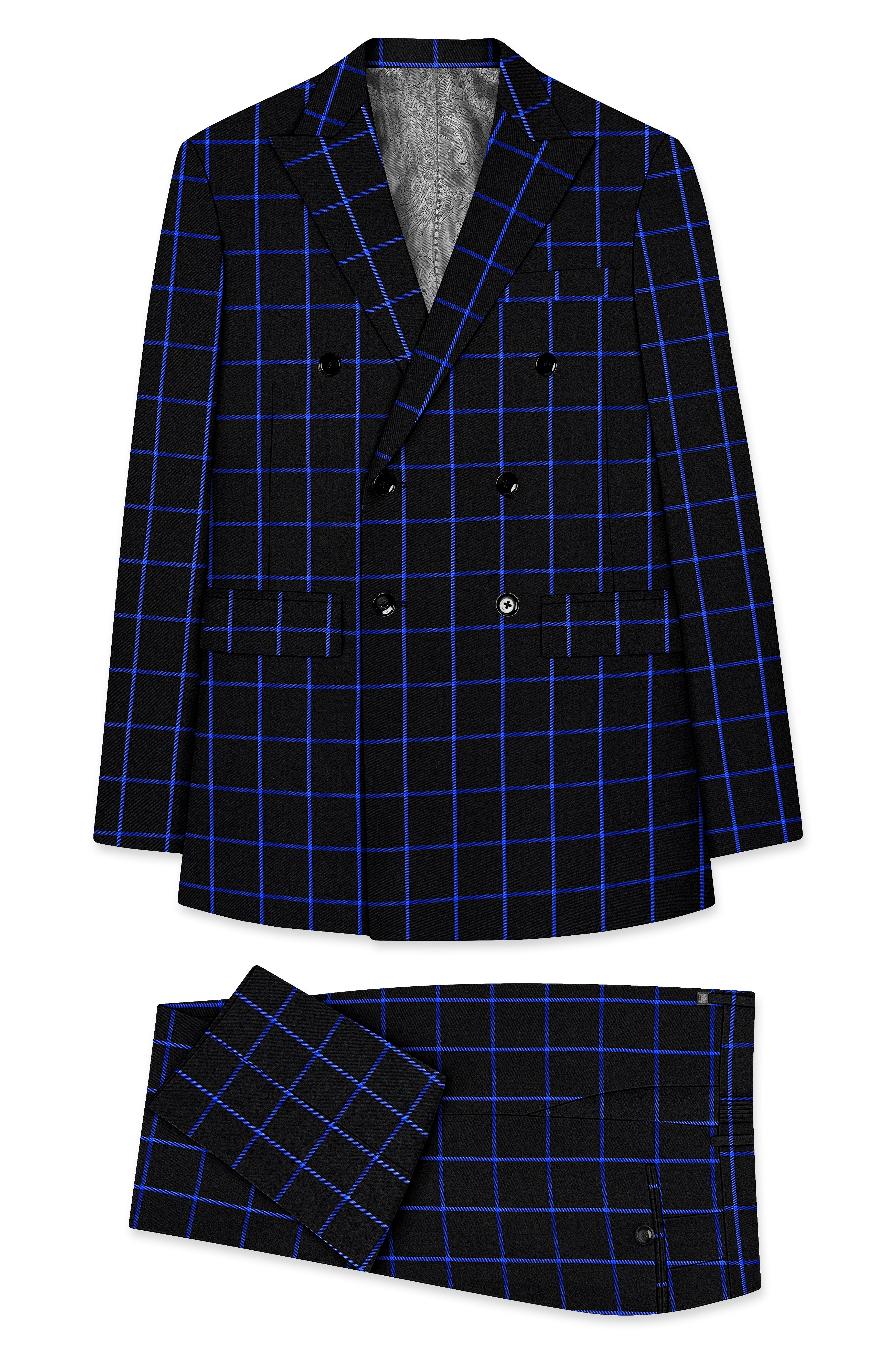 Panevoro-Jade Black With Cerulean Blue Windowpane Wool Rich Double Breasted Suit