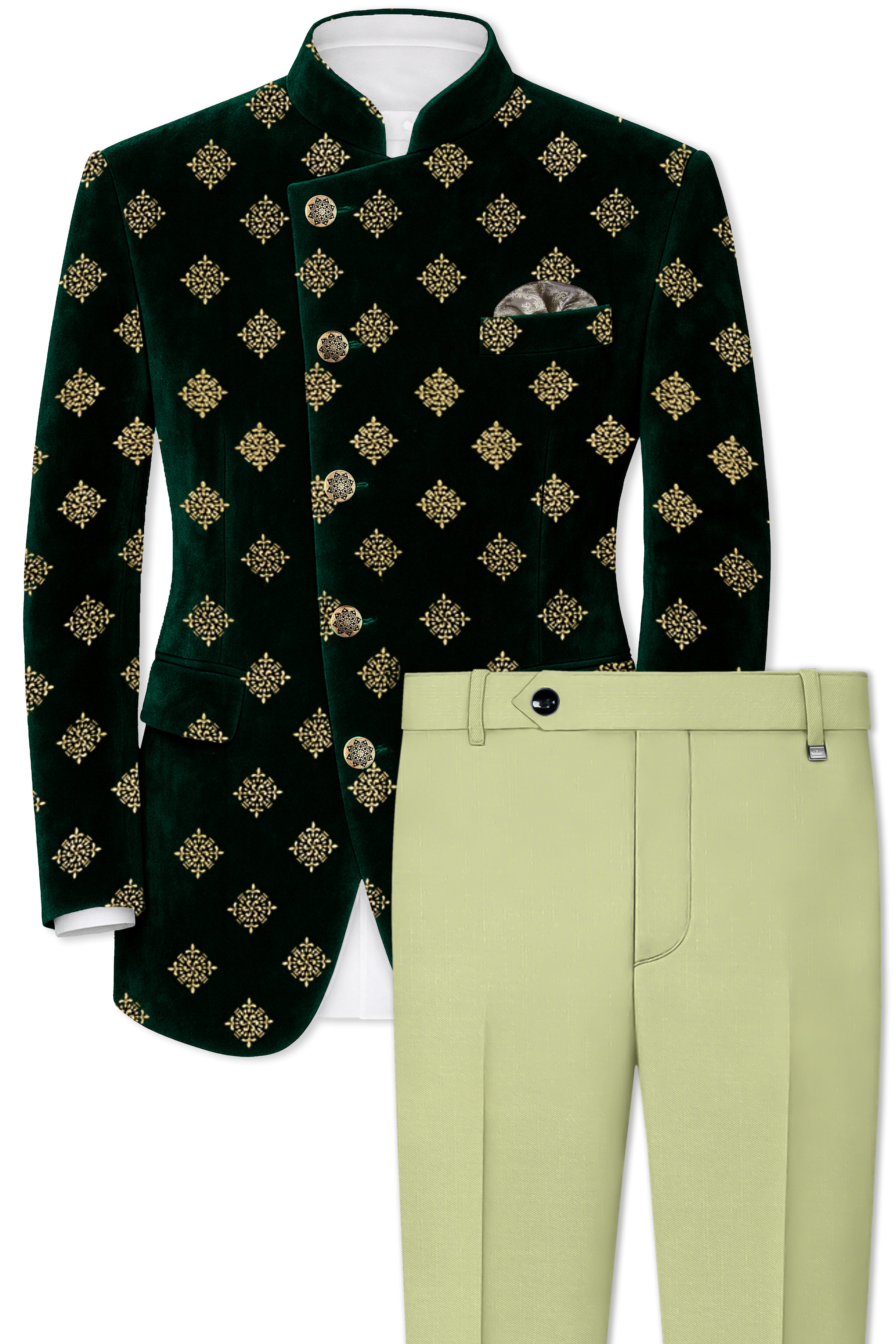 Verdoro-Gordons Green Textured Velvet Cross Placket Bandhgala Suit