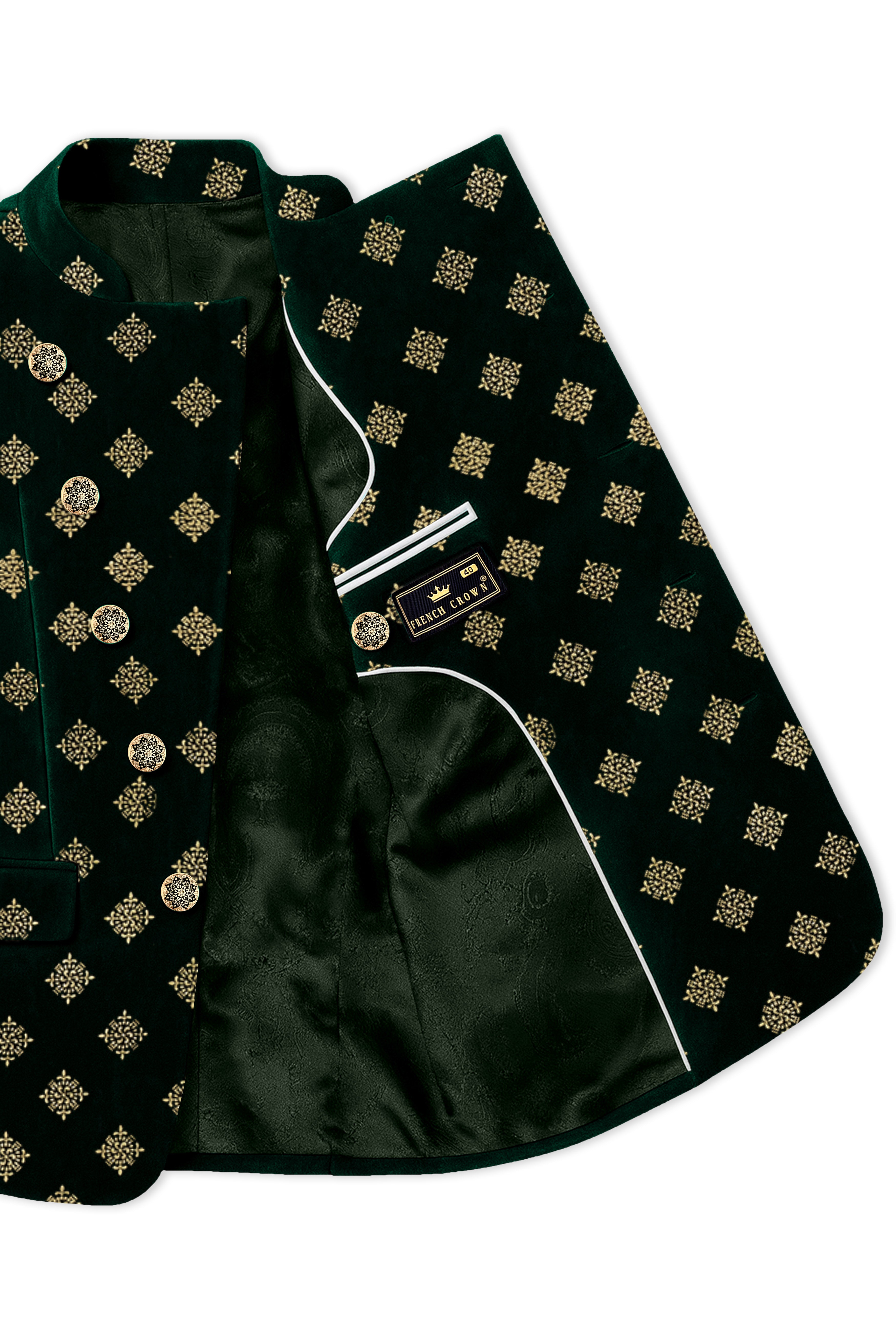 Verdoro-Gordons Green Textured Velvet Cross Placket Bandhgala Suit