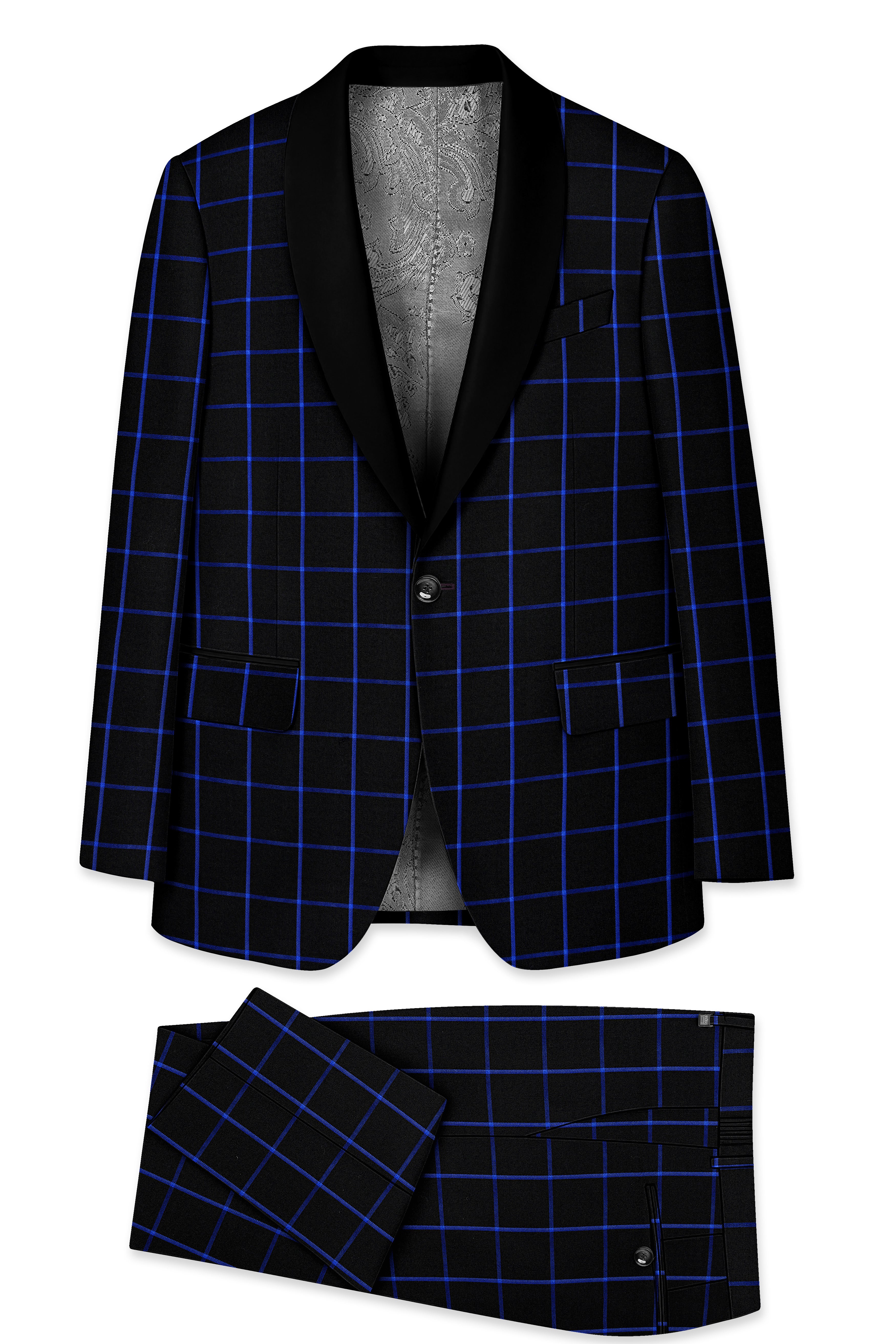 Panevoro-Jade Black With Cerulean Blue Windowpane Wool Rich Tuxedo Suit