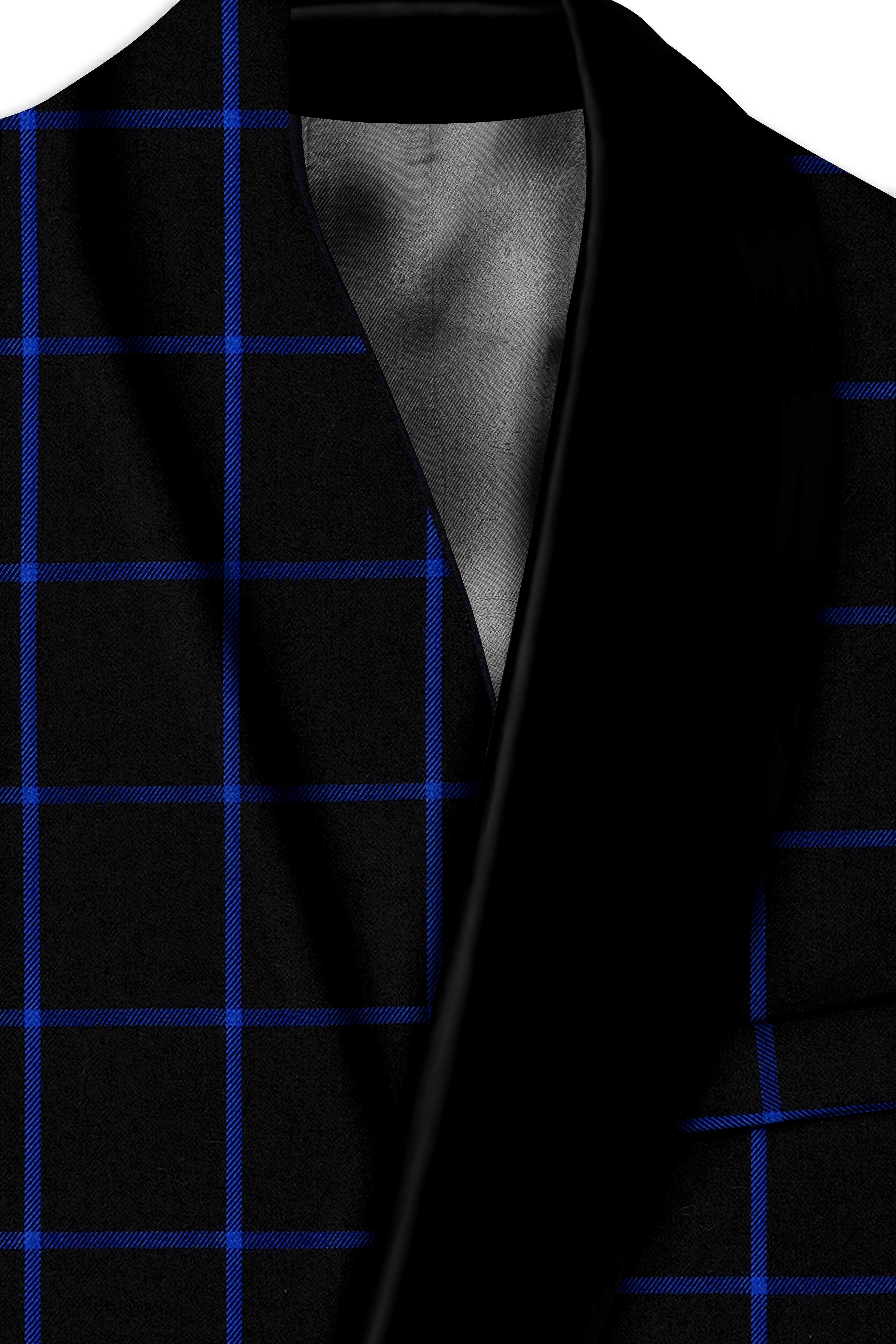 Panevoro-Jade Black With Cerulean Blue Windowpane Wool Rich Tuxedo Suit