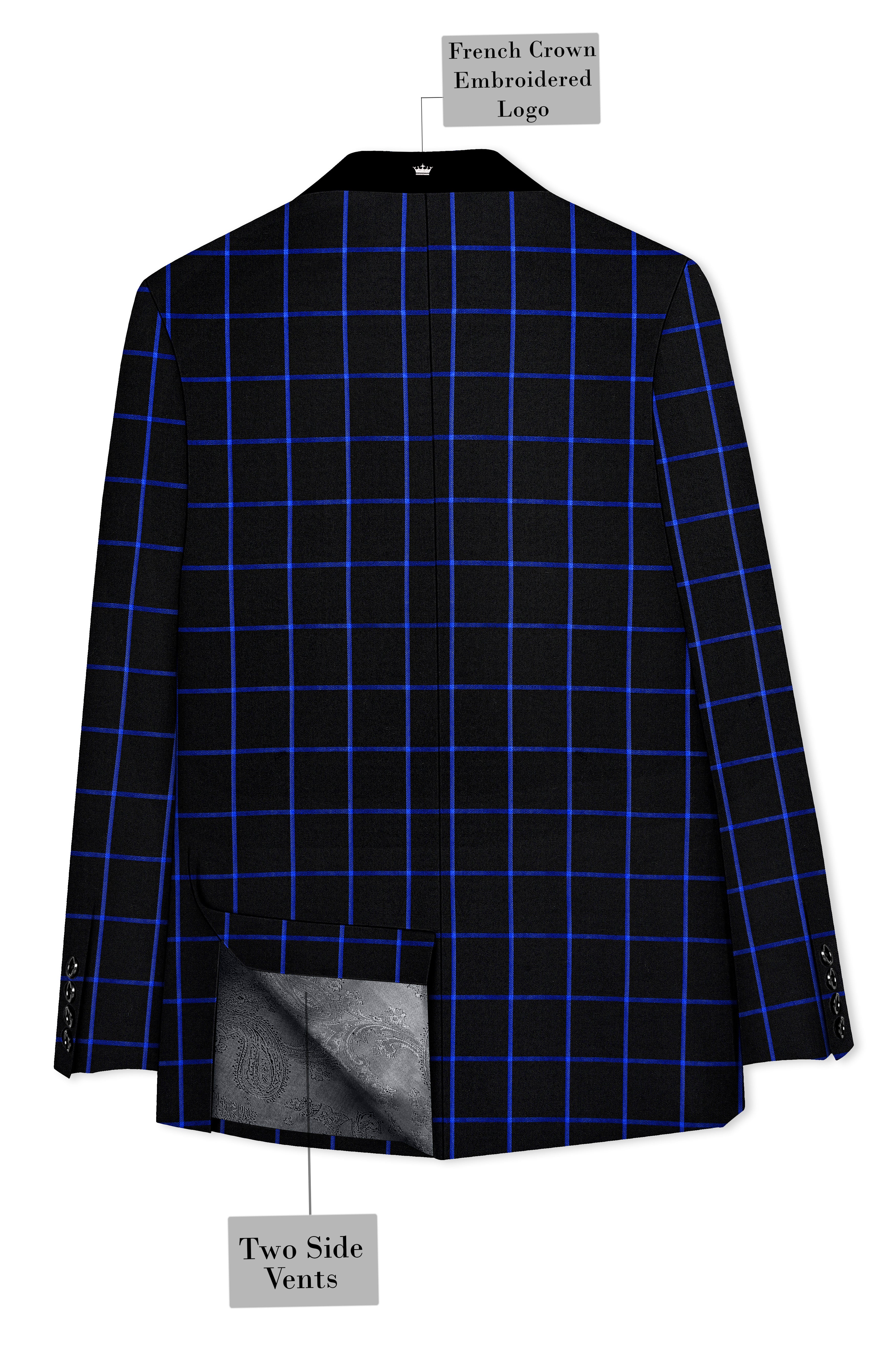 Panevoro-Jade Black With Cerulean Blue Windowpane Wool Rich Tuxedo Suit