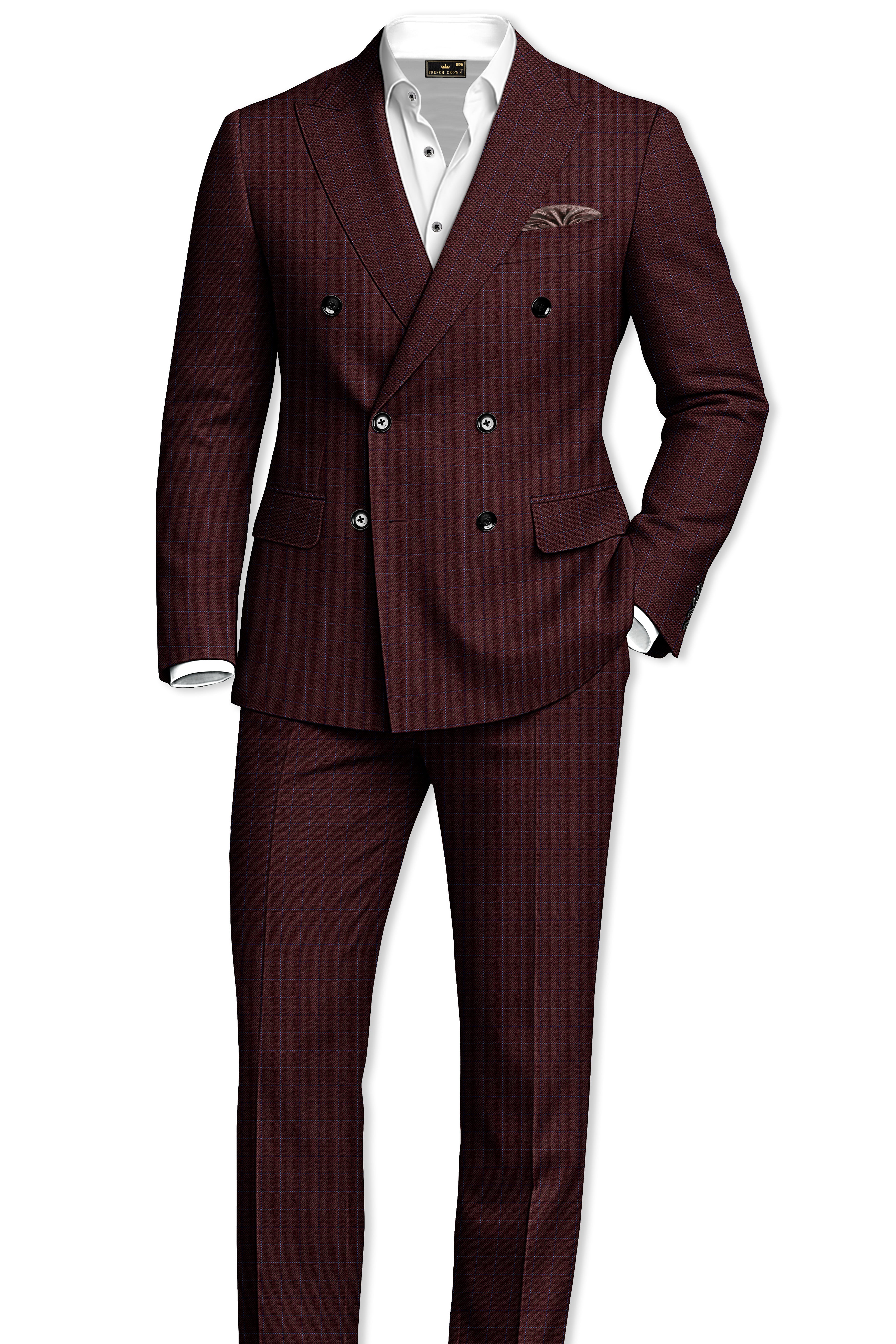 Wolvoro-Eclipse Brown Plaid Wool Rich Double Breasted Suit