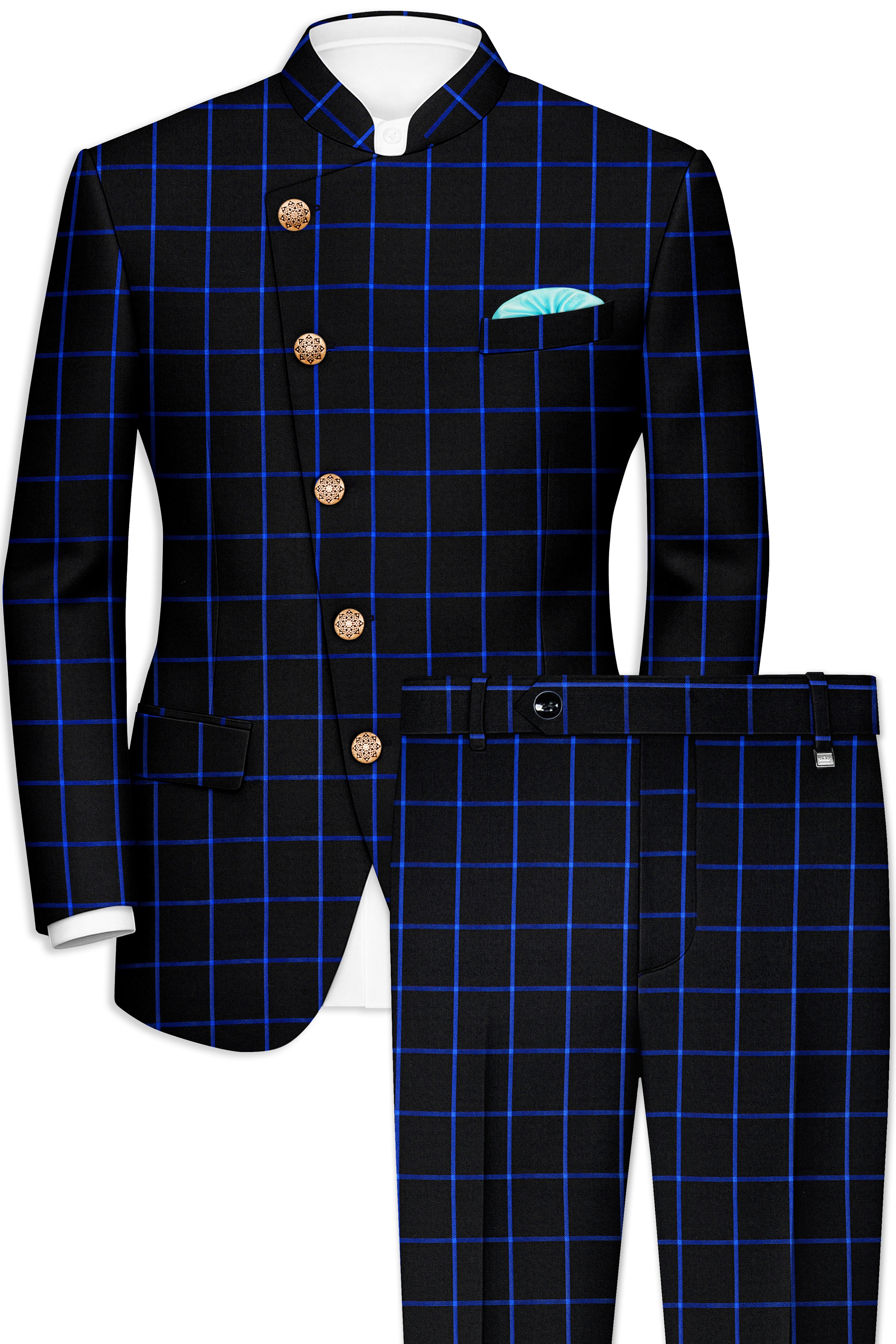 Panevoro-Jade Black With Cerulean Blue Windowpane Wool Rich Cross Placket Bandhgala Suit