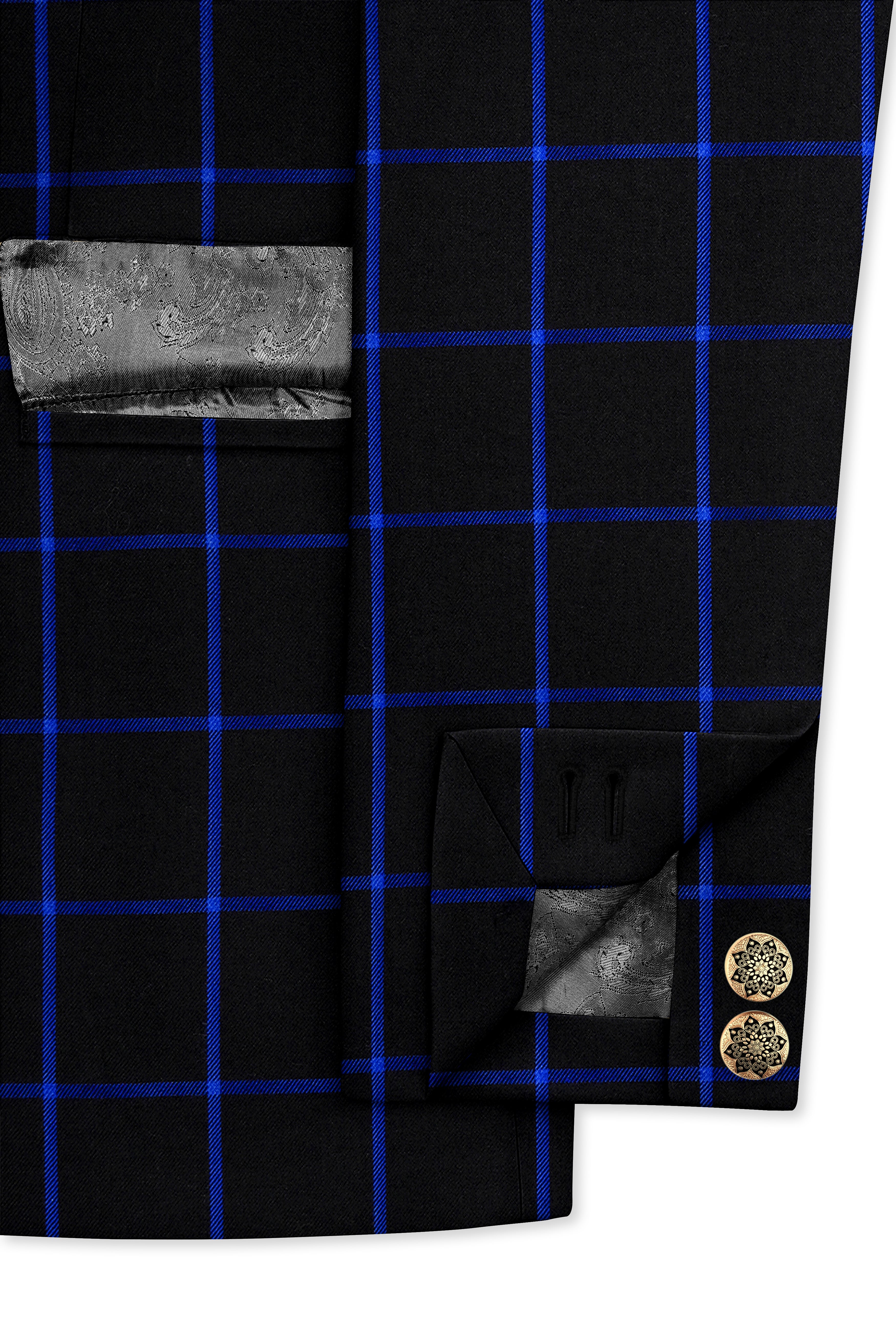 Panevoro-Jade Black With Cerulean Blue Windowpane Wool Rich Cross Placket Bandhgala Suit