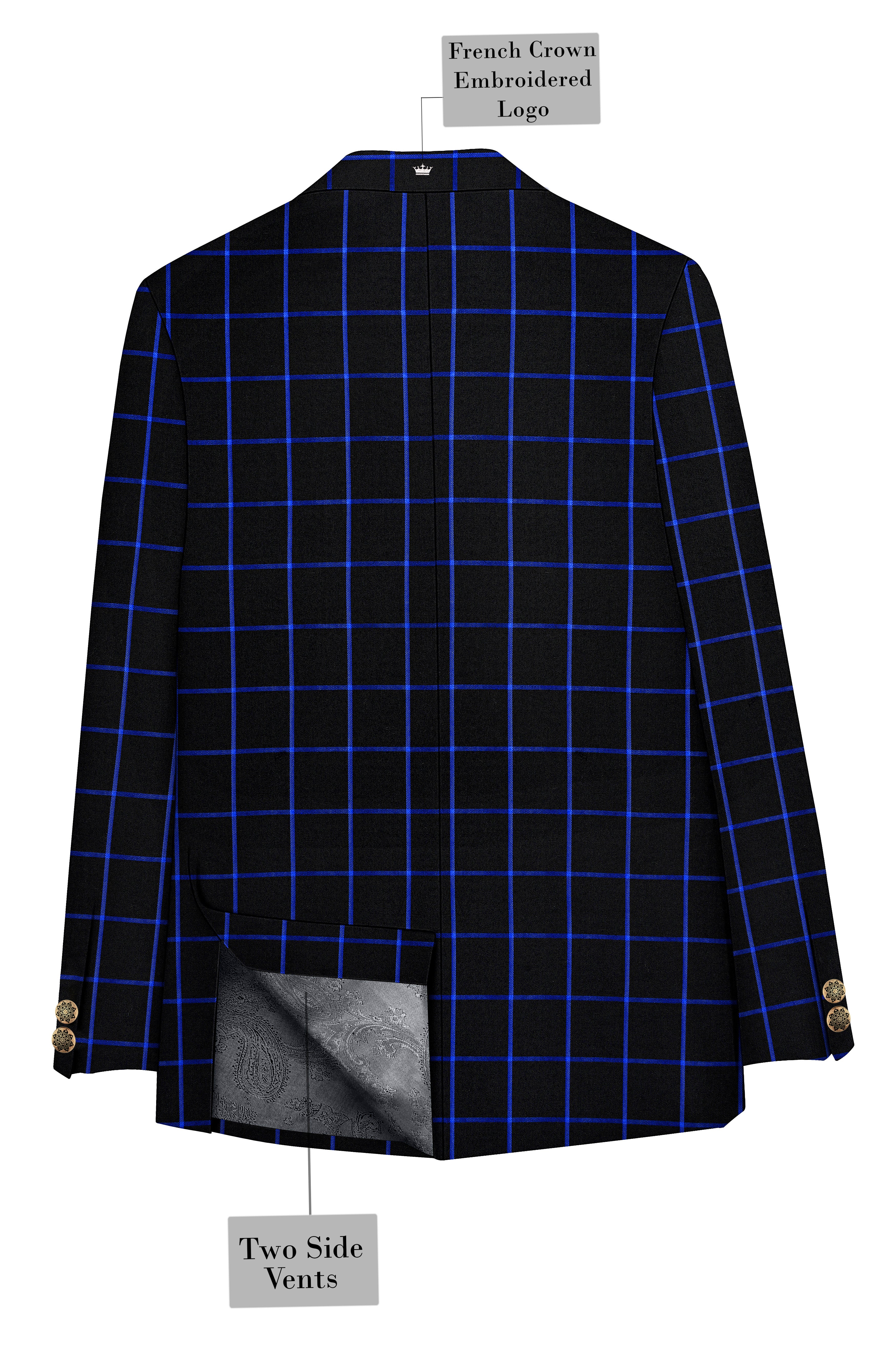 Panevoro-Jade Black With Cerulean Blue Windowpane Wool Rich Cross Placket Bandhgala Suit