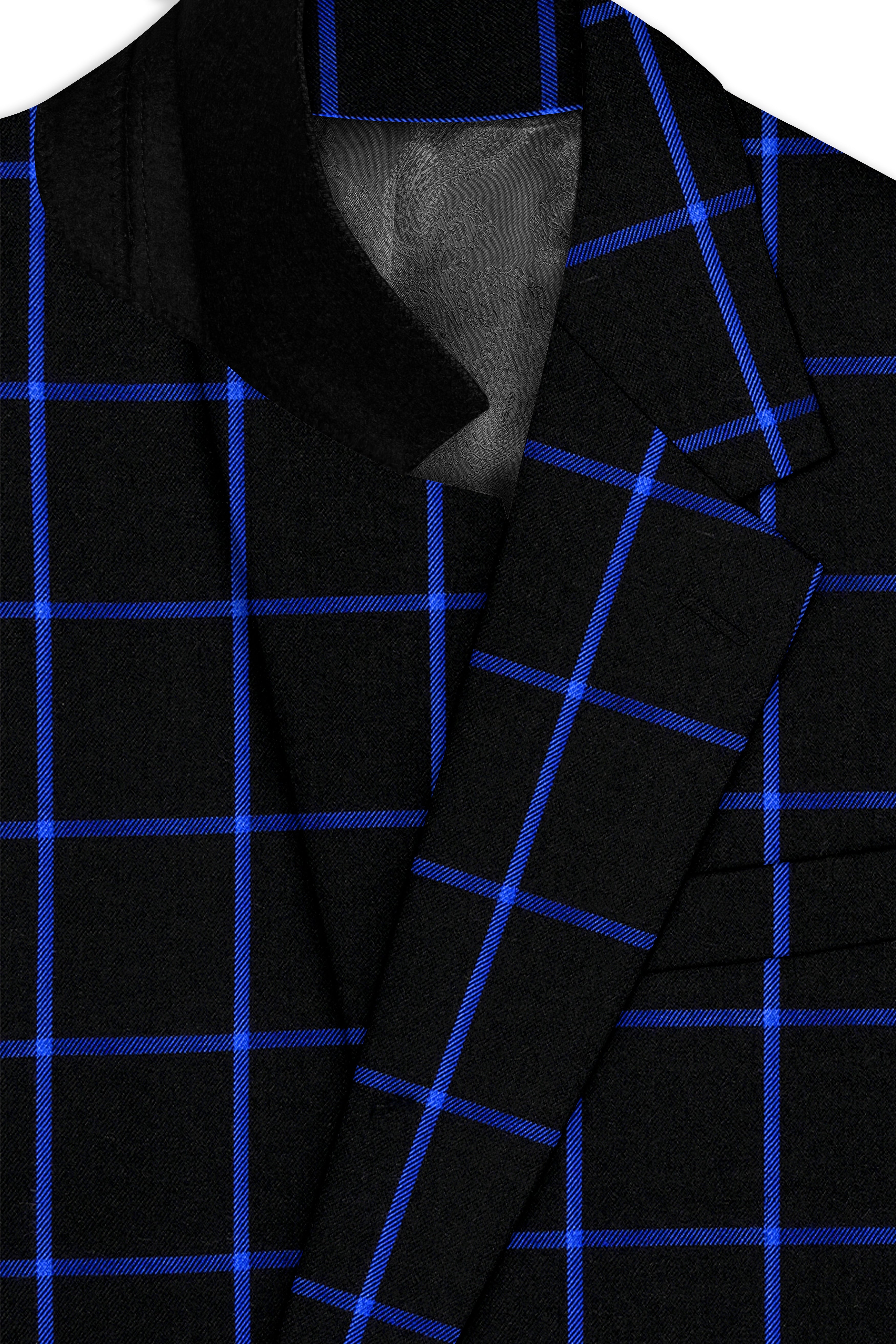 Panevoro-Jade Black With Cerulean Blue Windowpane Wool Rich Single Breasted Suit