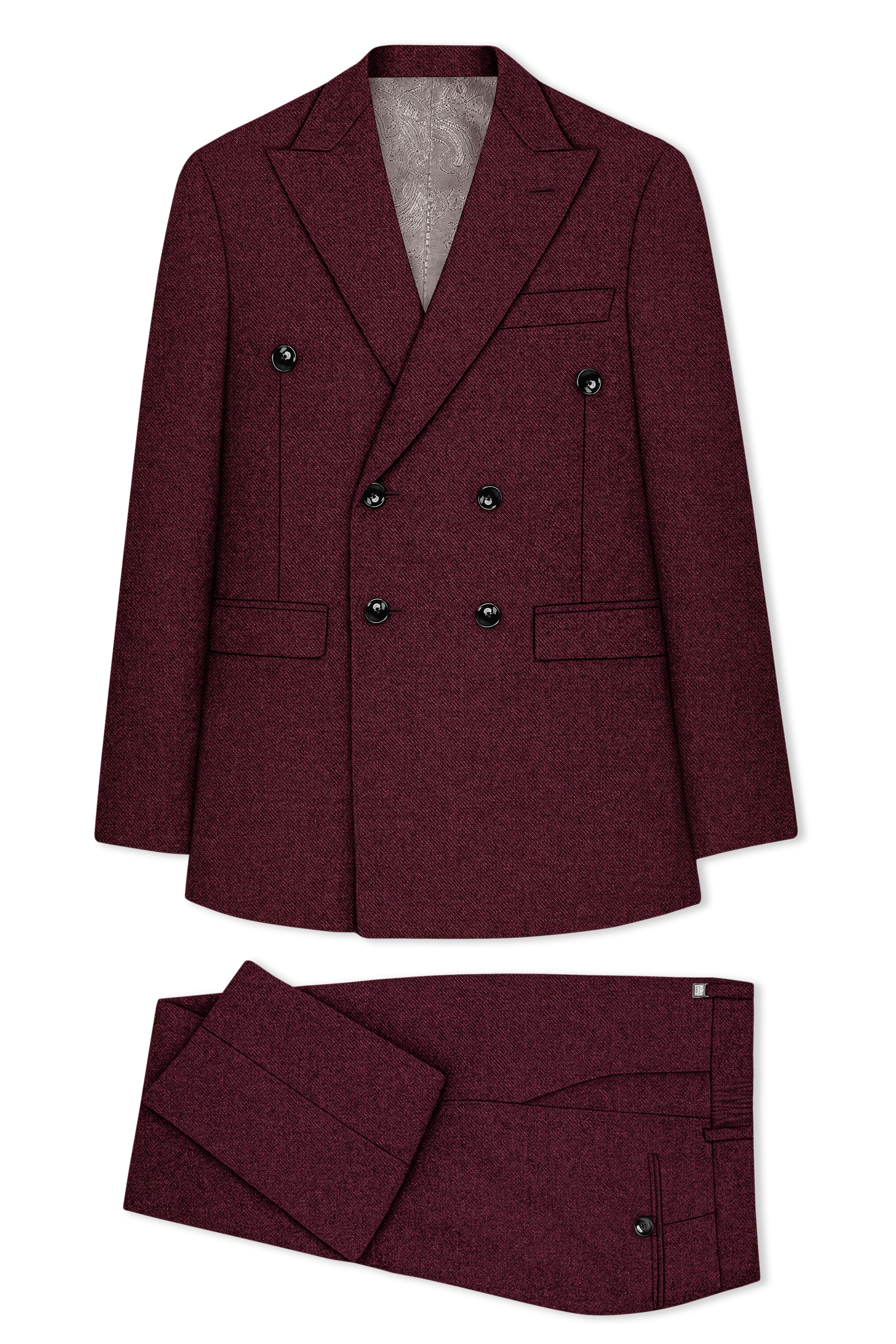 Burgvoro-Crated Maroon Textured Tweed Double Breasted Suit
