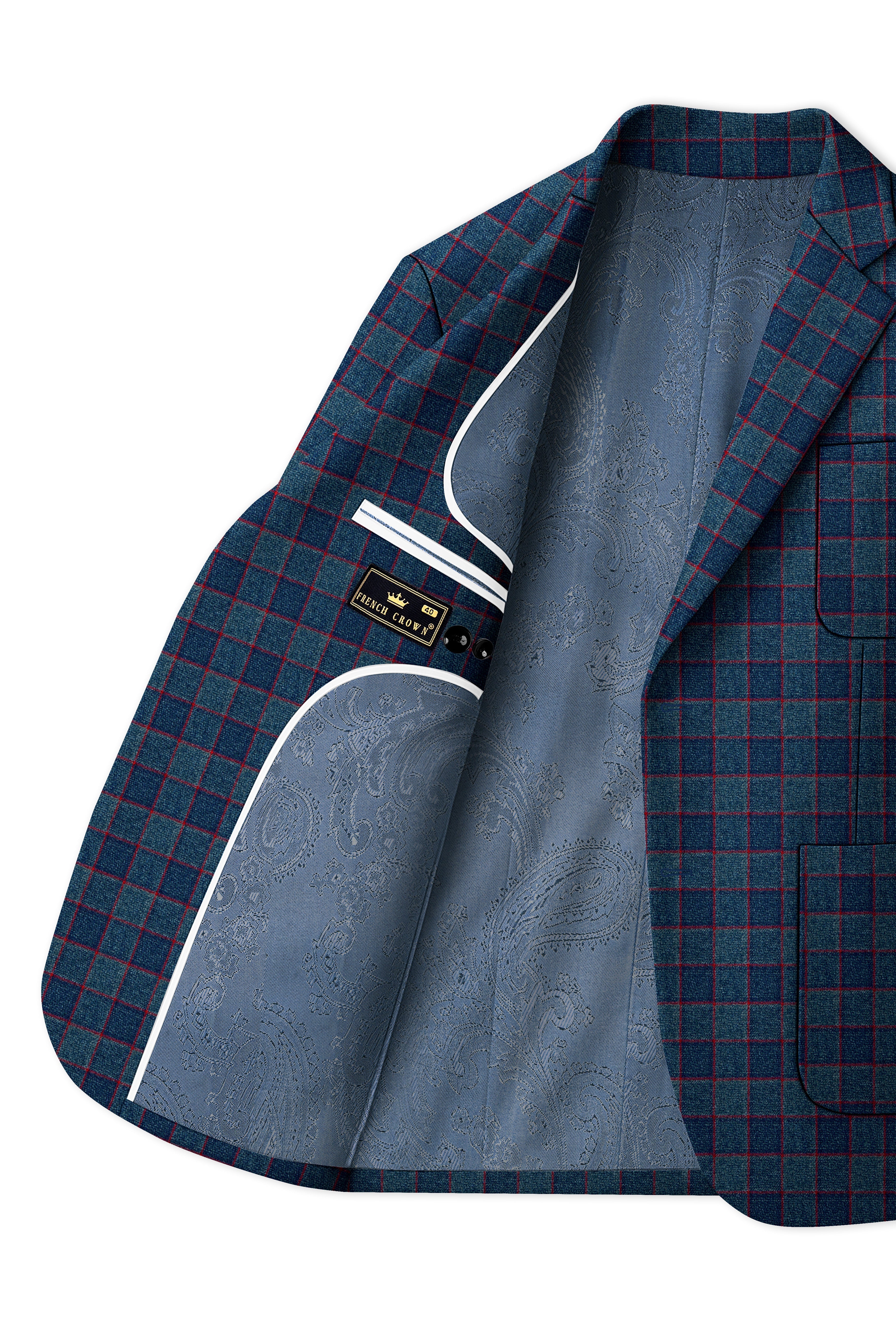 Panevoro-Vintage Blue Windowpane Premium Cotton Single Breasted Sports Suit