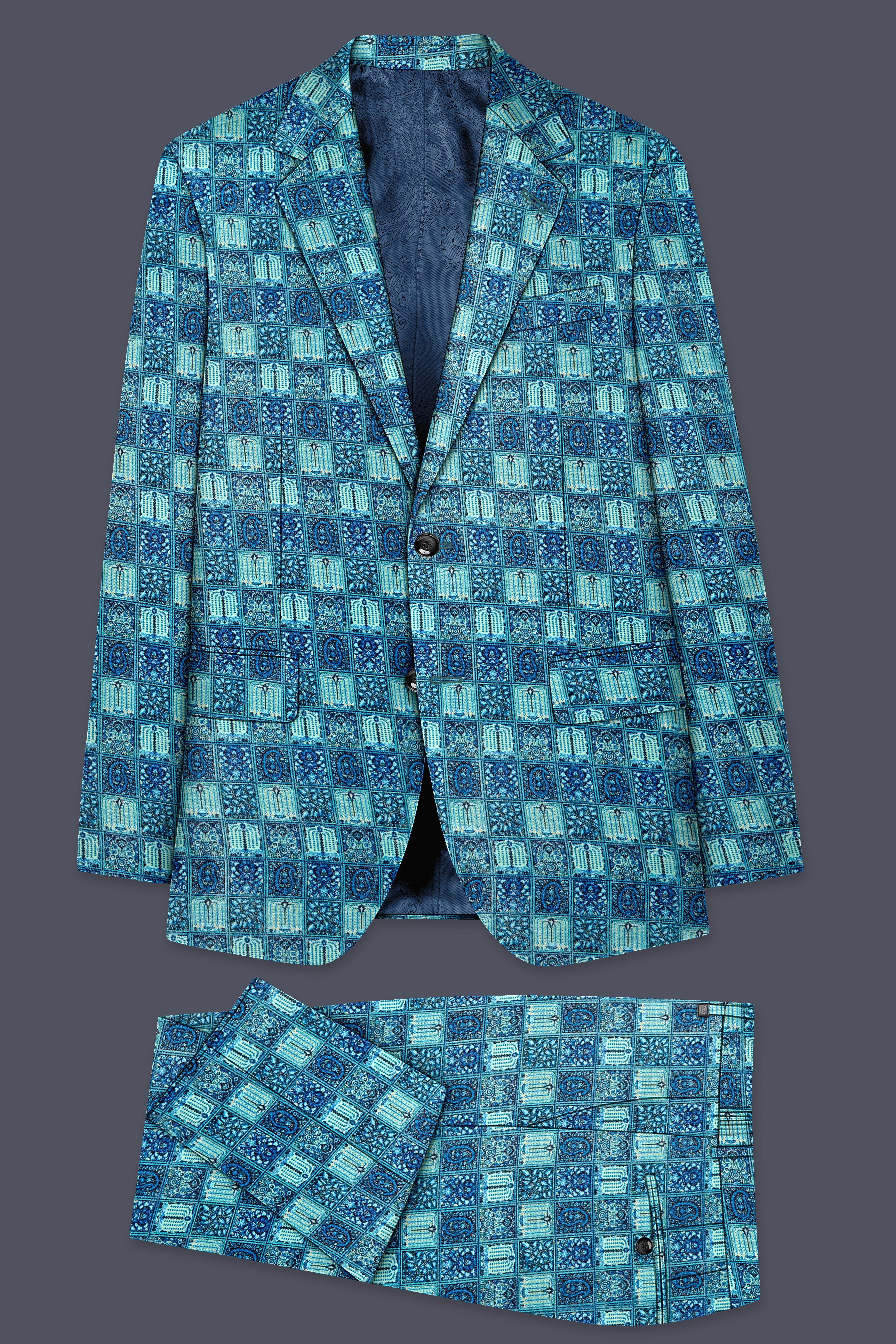 Mosaivoro-Caribbean Blue Geometric Mosaic Printed Velvet Single Breasted Suit