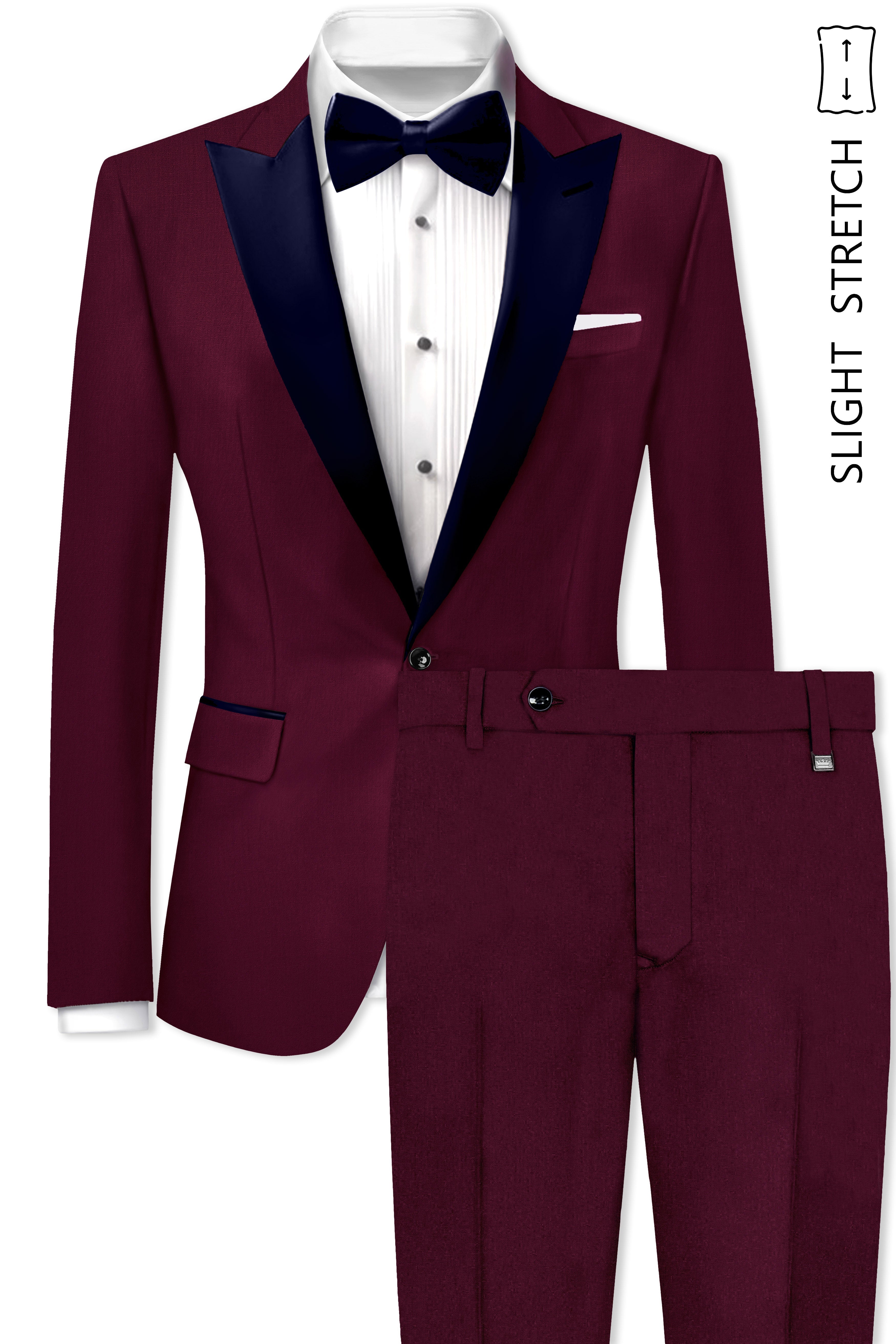 Regal Maroon-Tamarind With Blue Lepal Solid Wool Rich Peak Lapel Tuxedo Suit