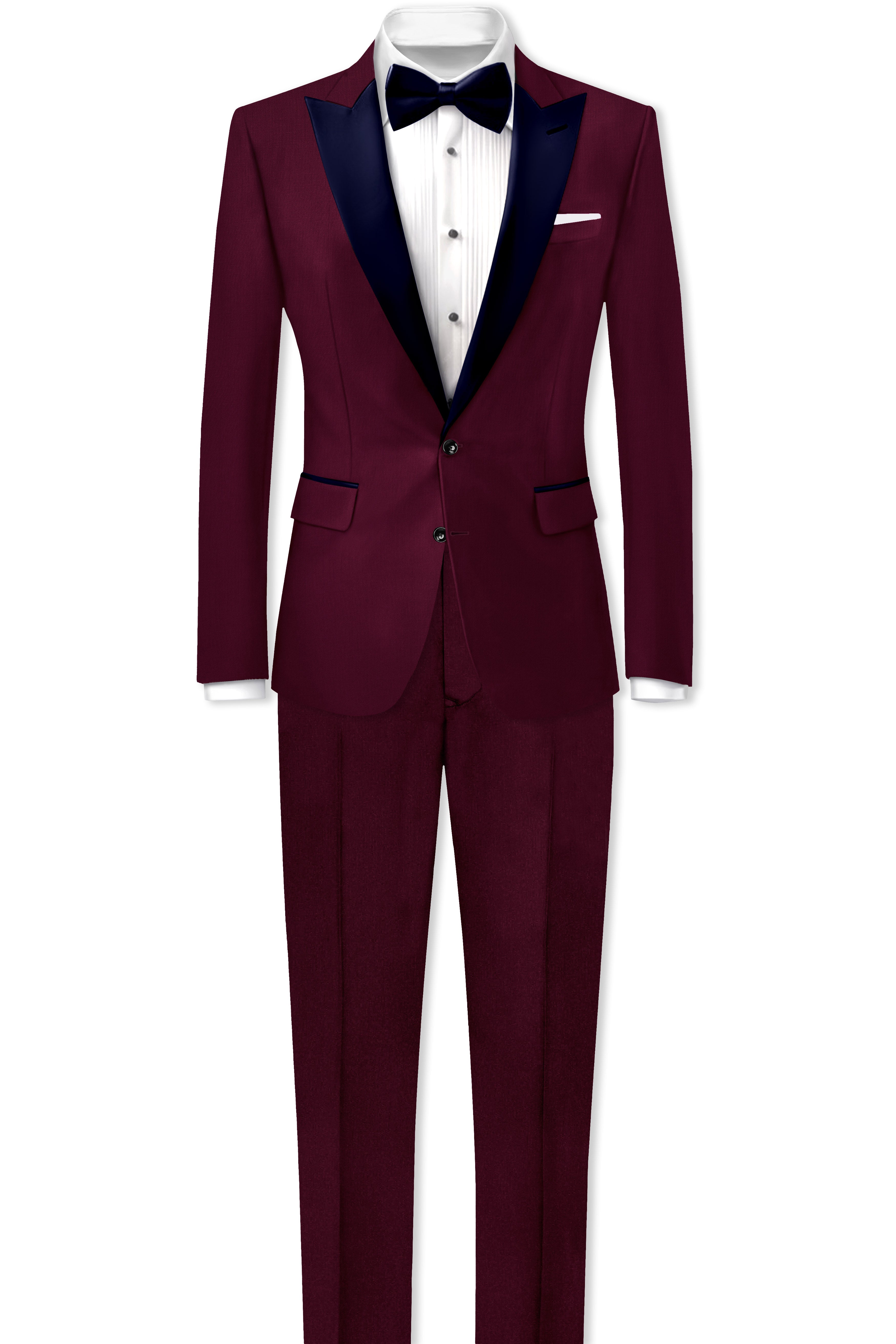 Regal Maroon-Tamarind With Blue Lepal Solid Wool Rich Peak Lapel Tuxedo Suit