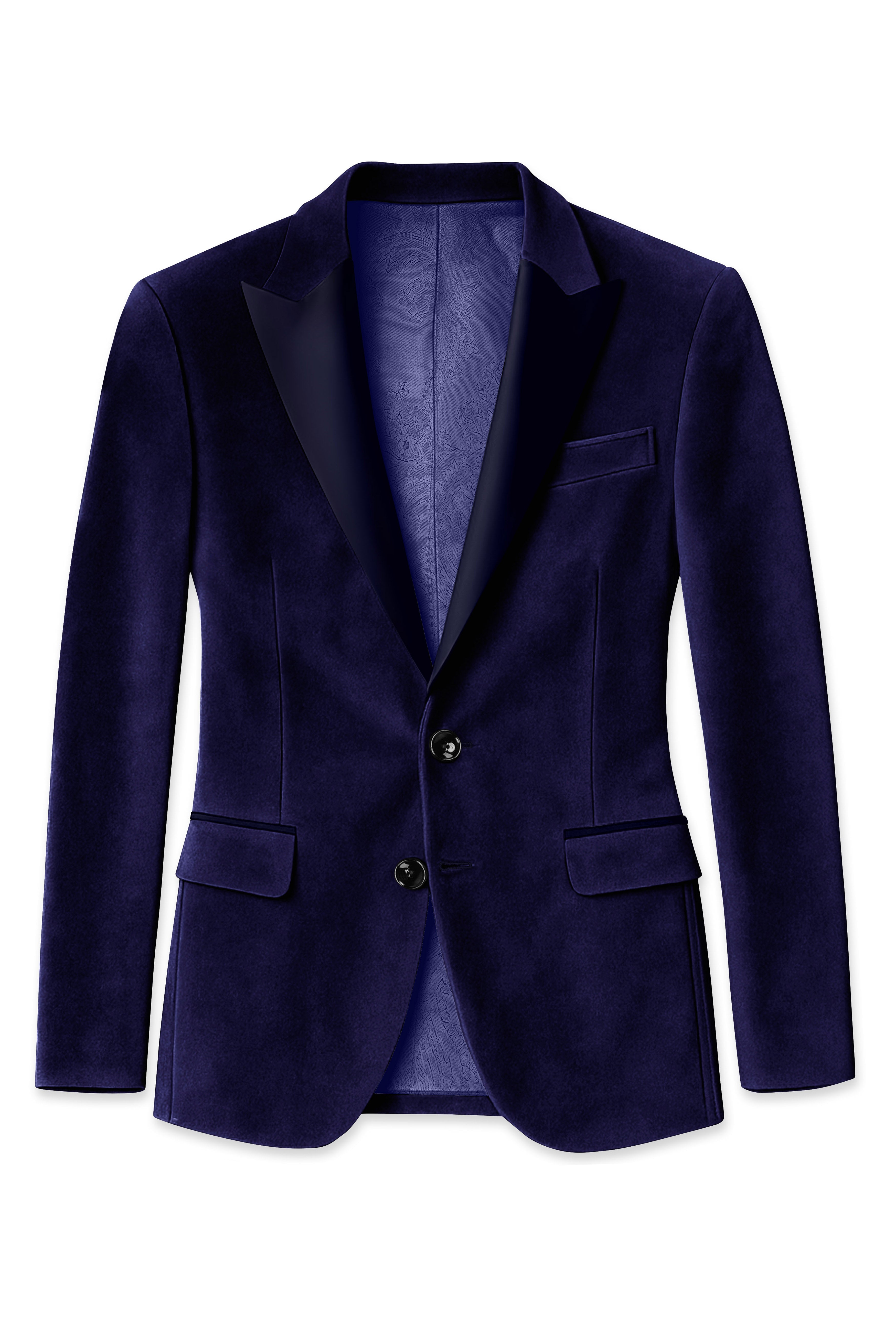 Azurion-Royal Blue With Blue Lepal Velvet Peak Lapel Tuxedo Suit