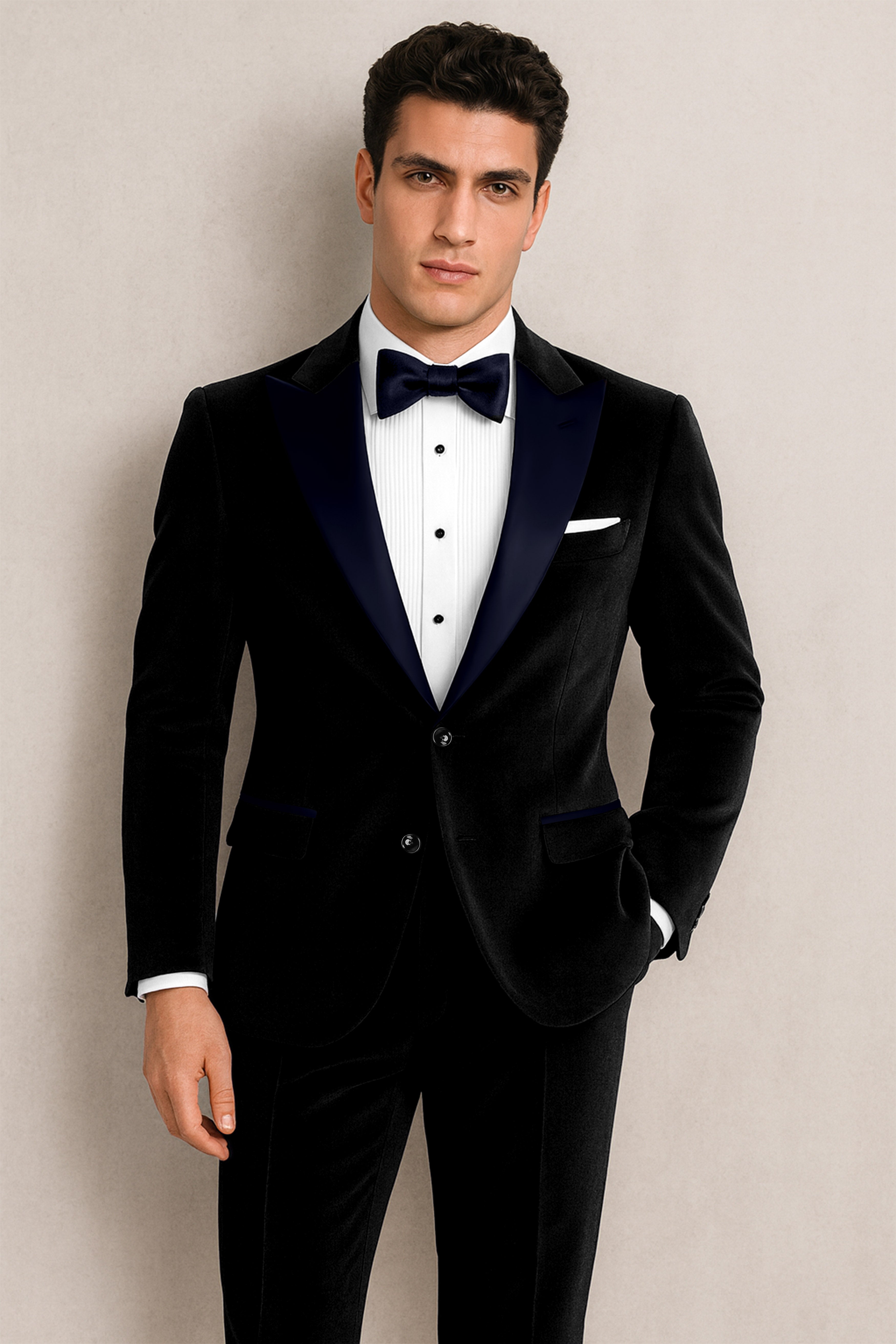 Jadevel-Jade Black With Blue Peak Lepal Velvet Tuxedo Suit