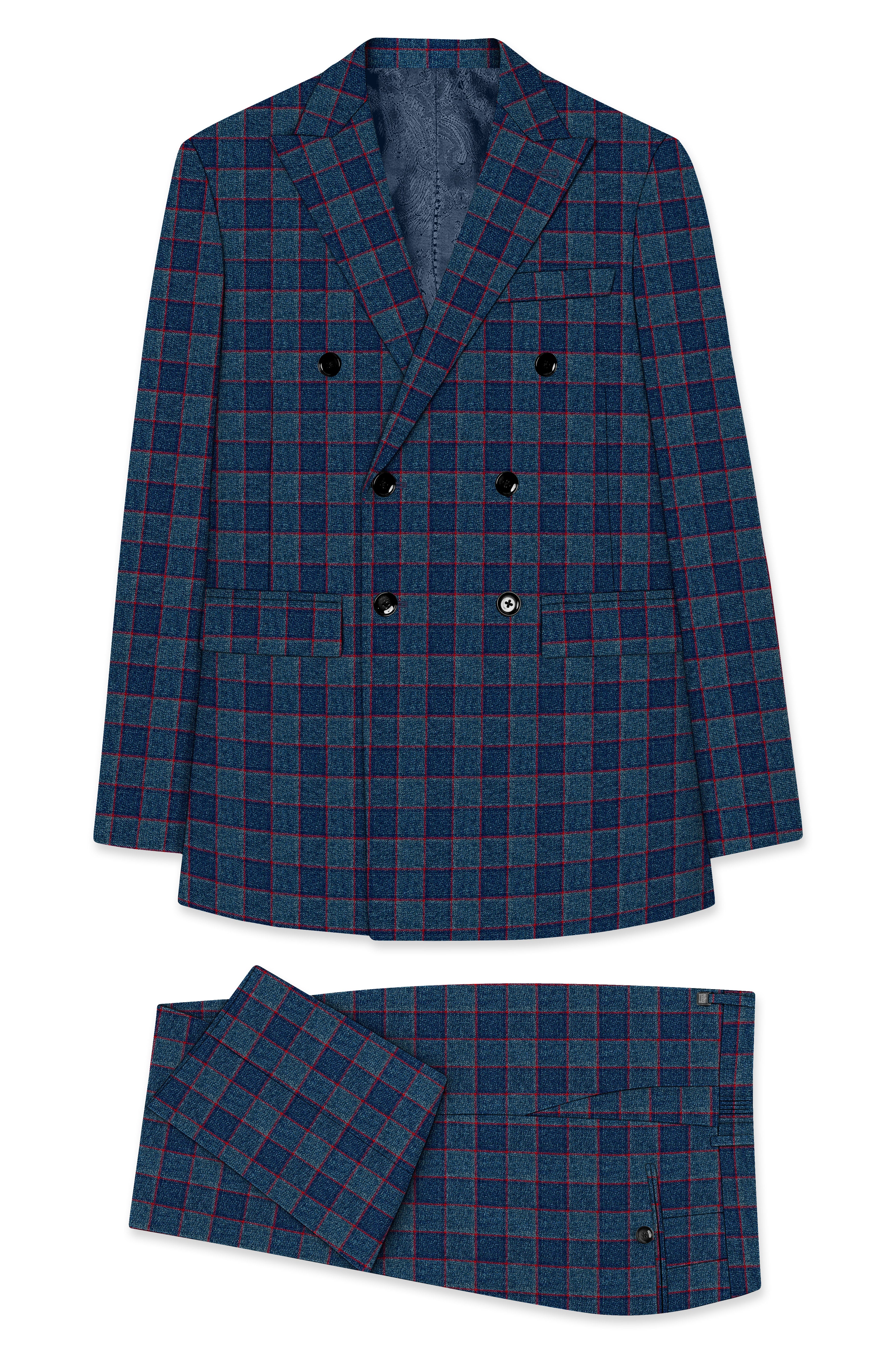 Panevoro-Vintage Blue Windowpane Premium Cotton Double Breasted Suit
