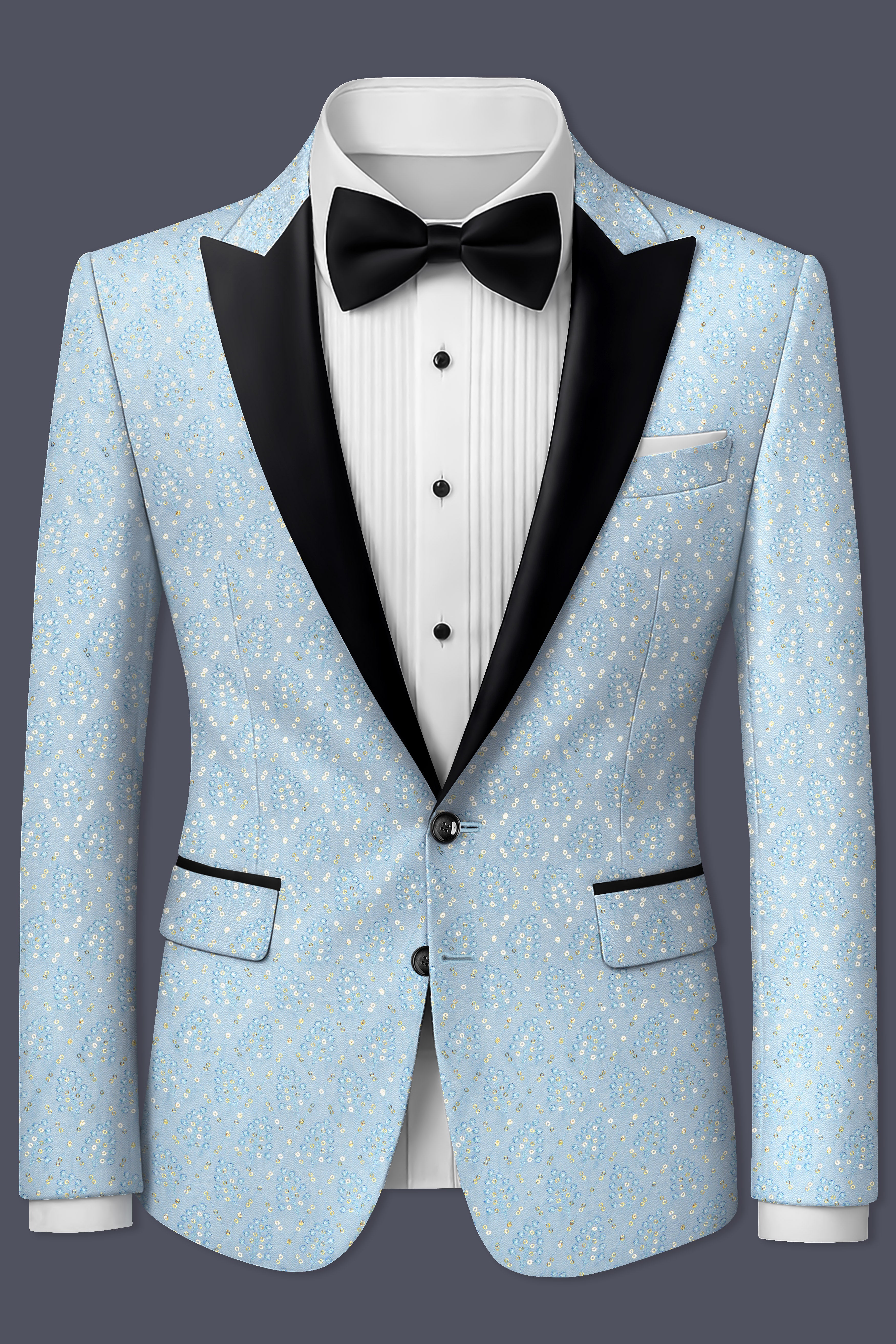 Azurora-Carolina Blue Thread and Sequin Embroidered Designer Peak Lapel Tuxedo Suit