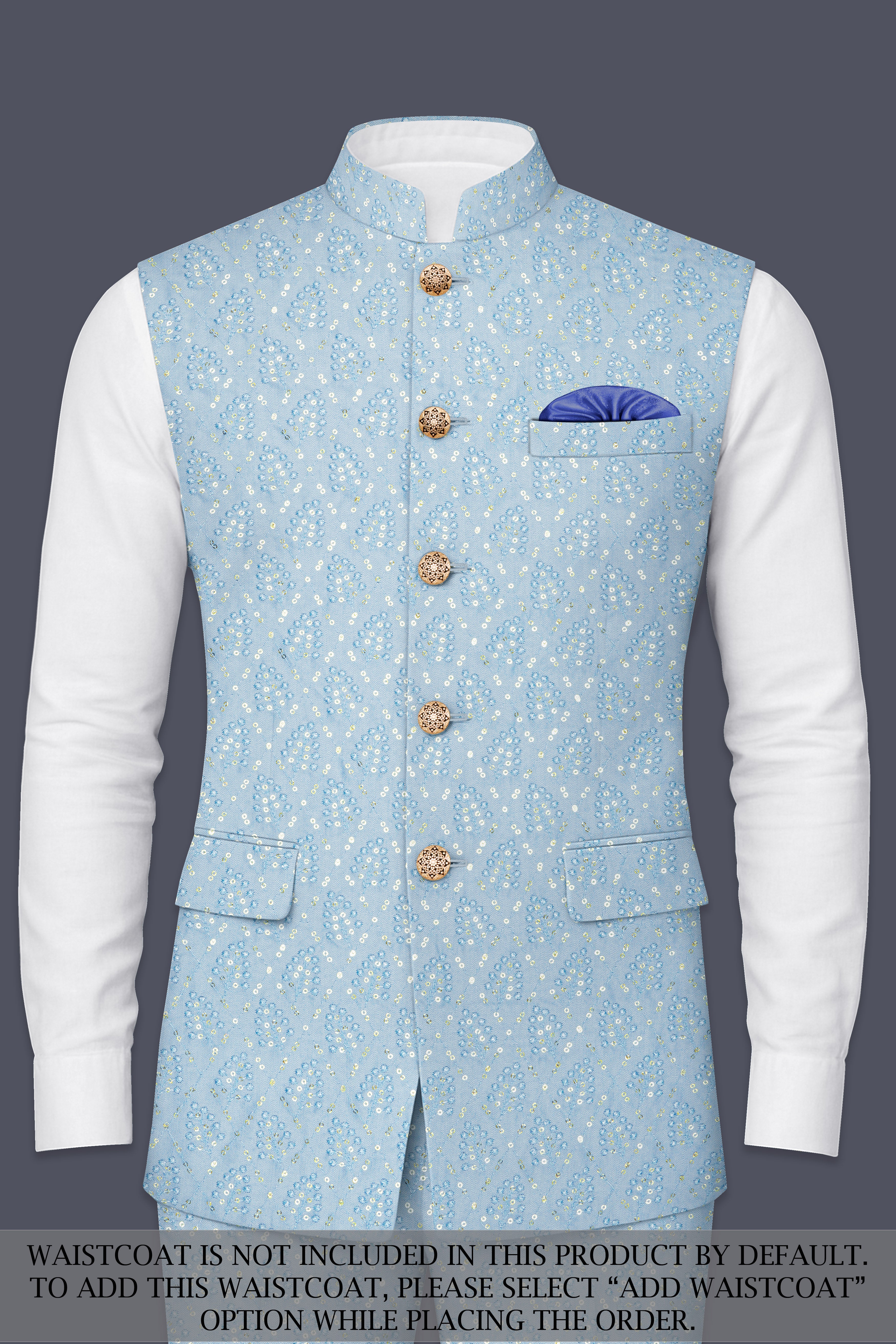 Azurora-Carolina Blue Thread and Sequin Embroidered Designer Peak Lapel Tuxedo Suit