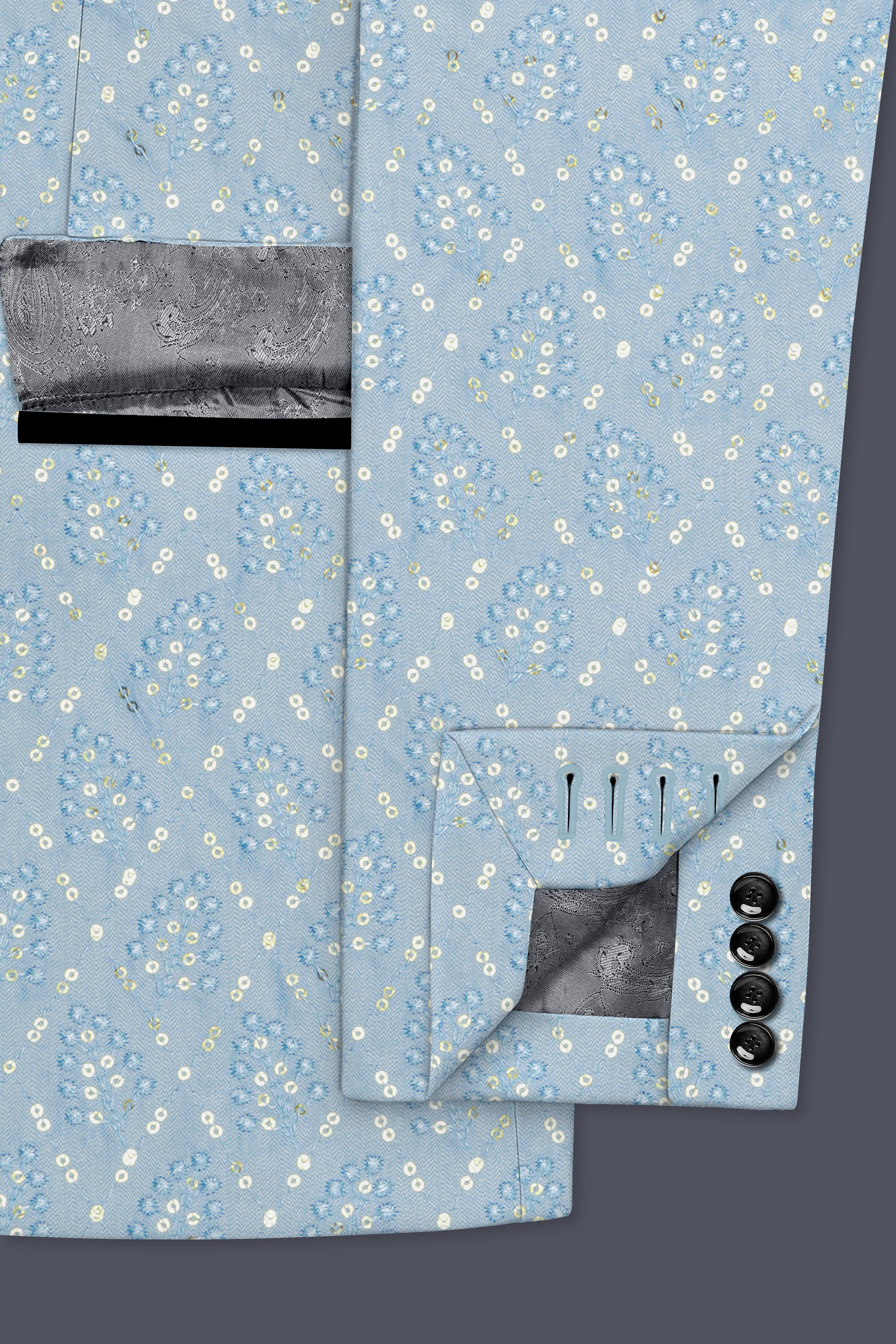 Azurora-Carolina Blue Thread and Sequin Embroidered Designer Peak Lapel Tuxedo Suit