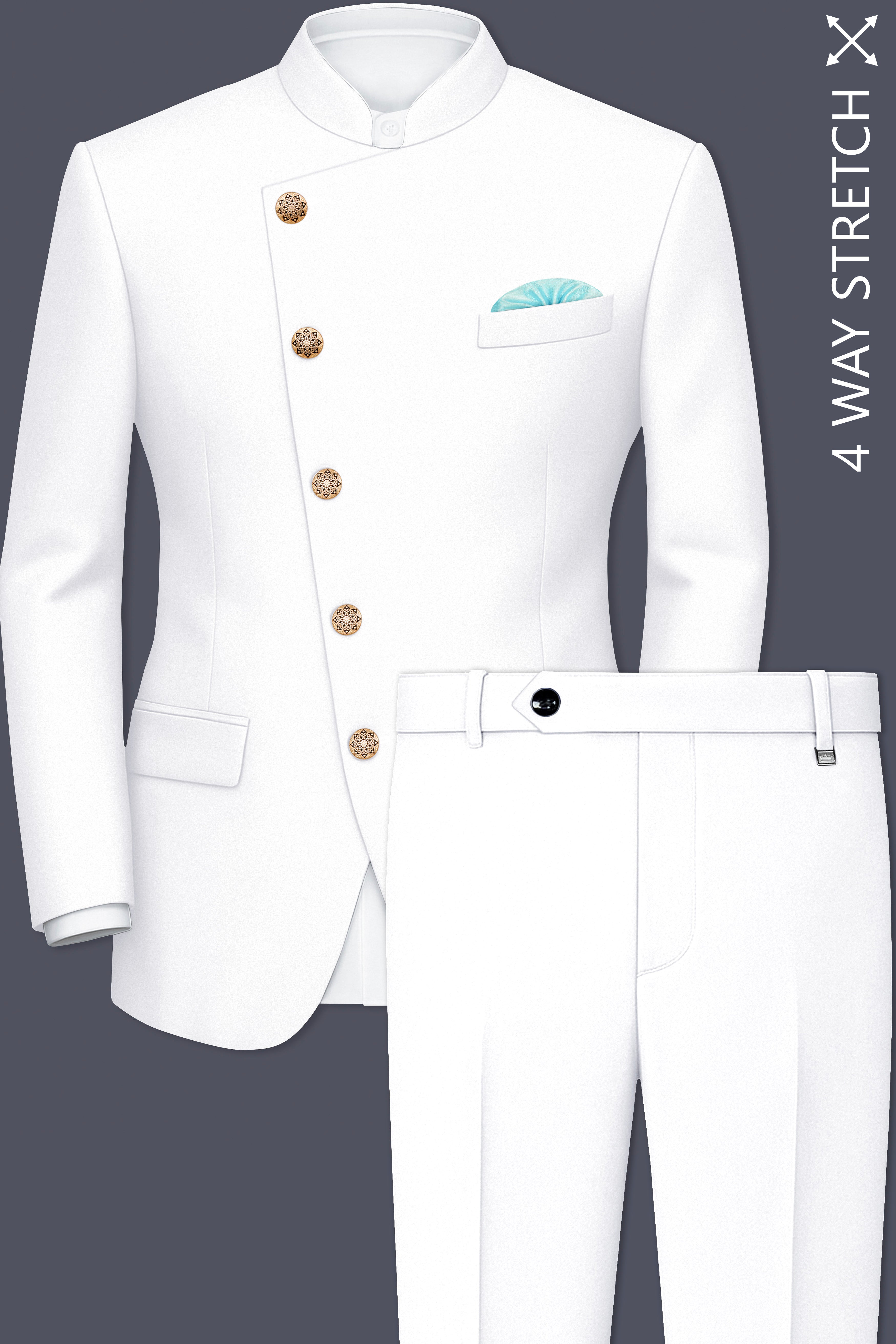 Shiro-Japanese Bright White 4-Way Stretch Wrinkle-Free Wool Rich Cross Placket Bandhgala Suit